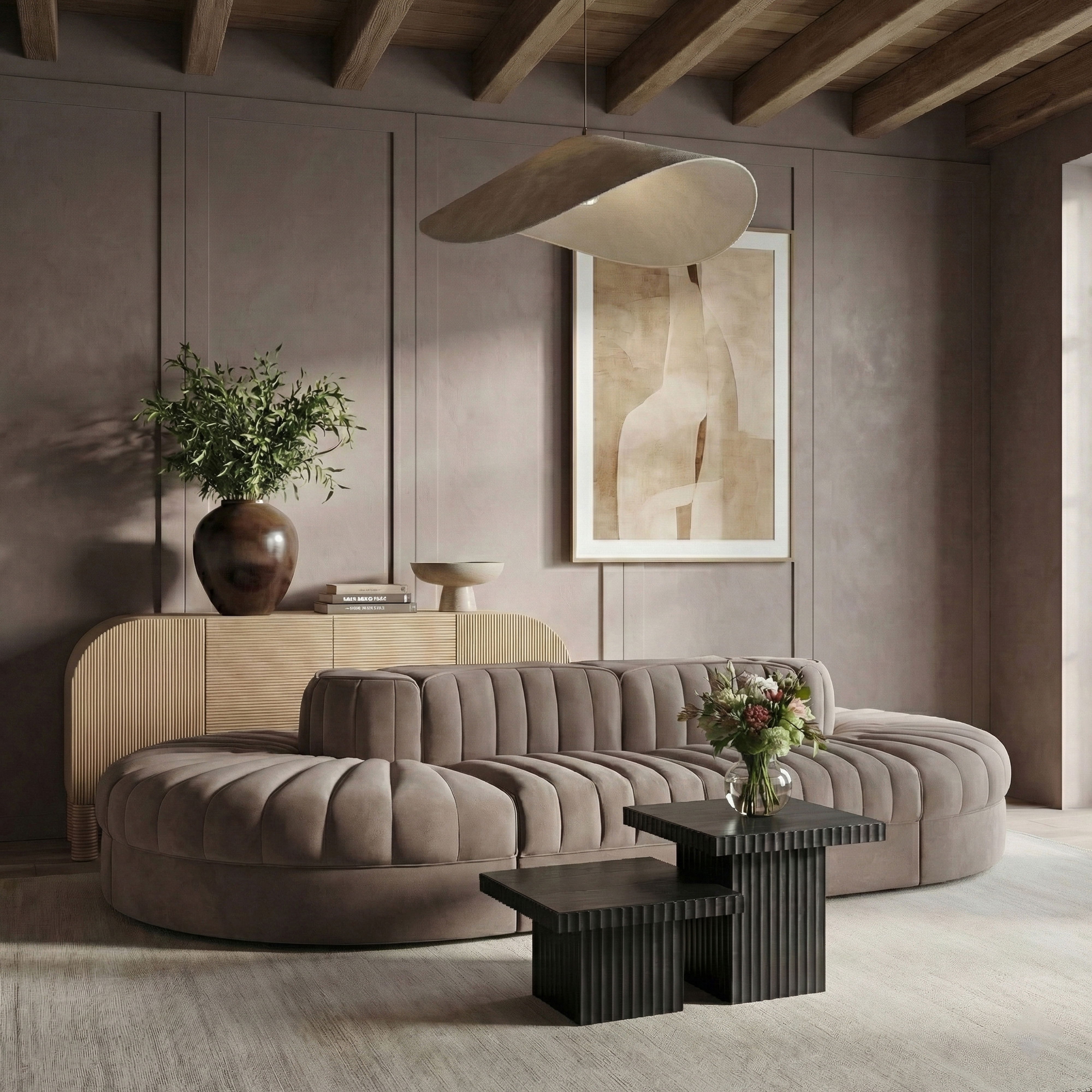 Rummi - Oval Velvet Performance Fabric Upholstered 8 Piece Modular Sectional - Taupe