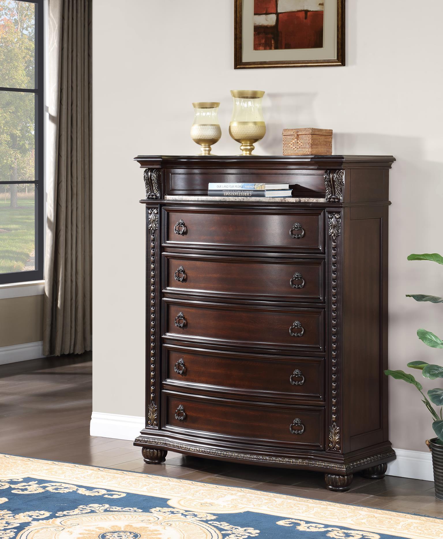 B054 - 5 Piece Bedroom Set (King Bed Frame, Dresser, Mirror, Chest, Nightstand) - Cherry