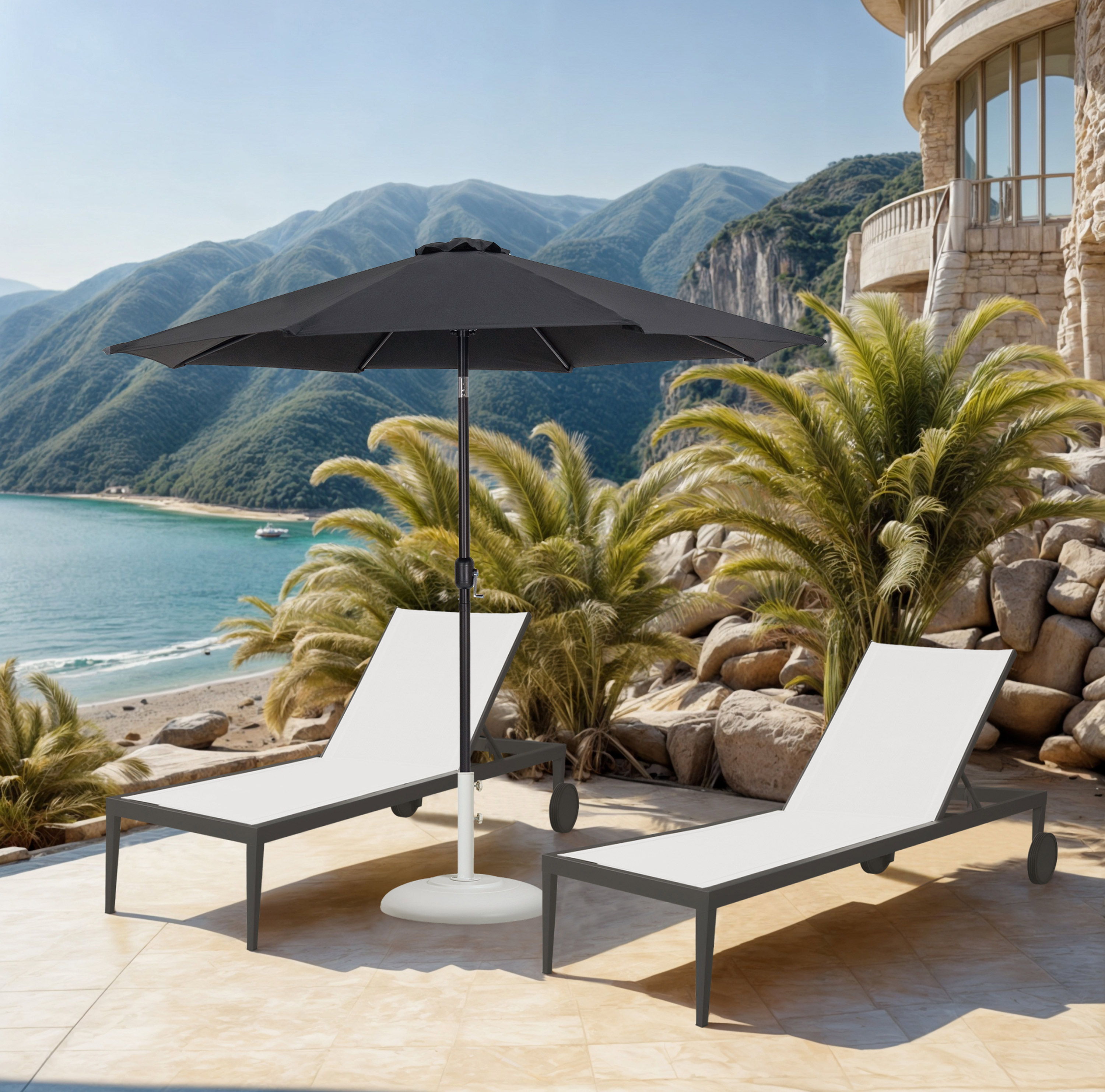 Fiji - Aluminum Patio Umbrella With Round White And Black Base - Black