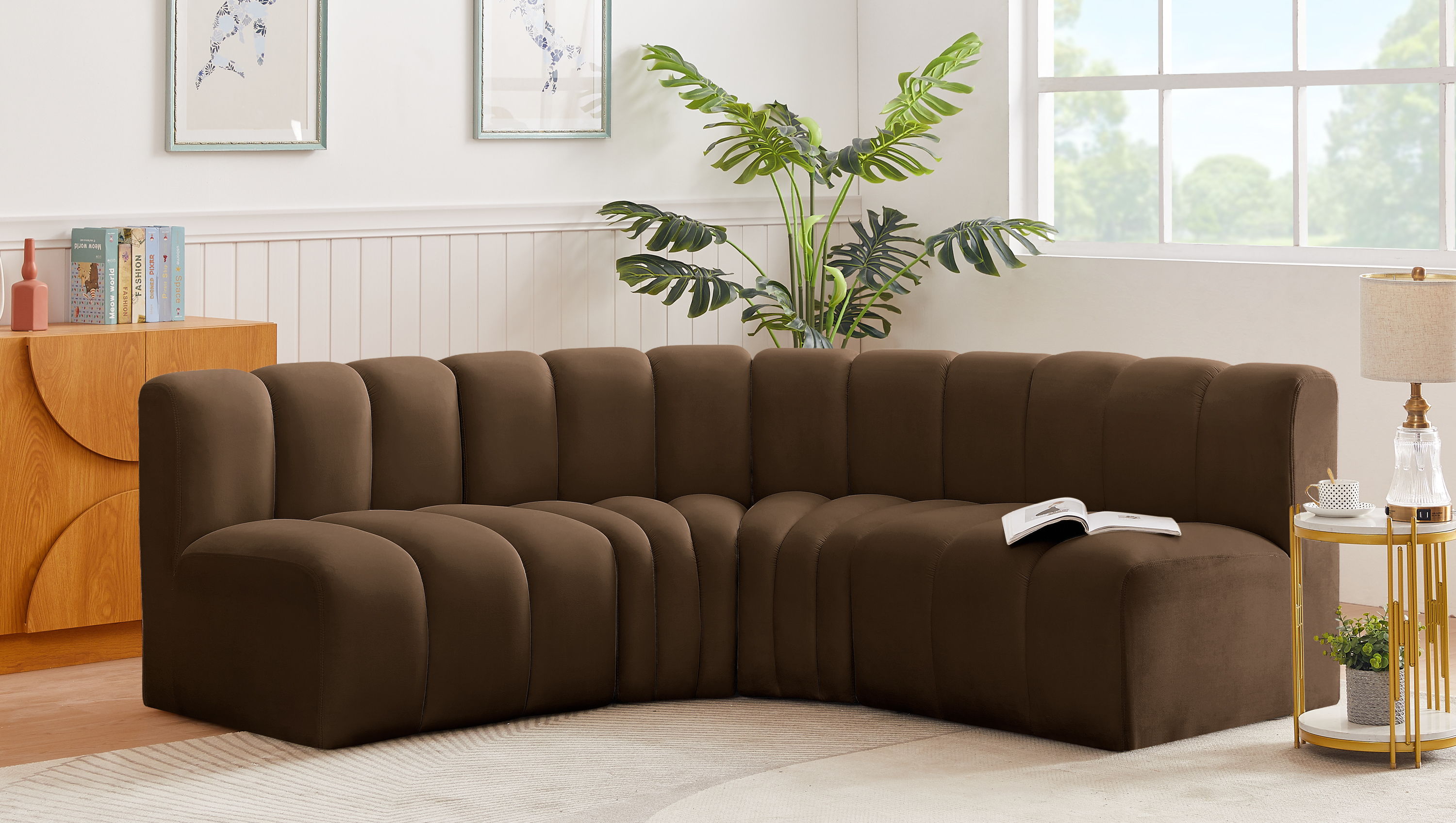Arc - Velvet 4 Piece Corner Modular Sofa - Brown