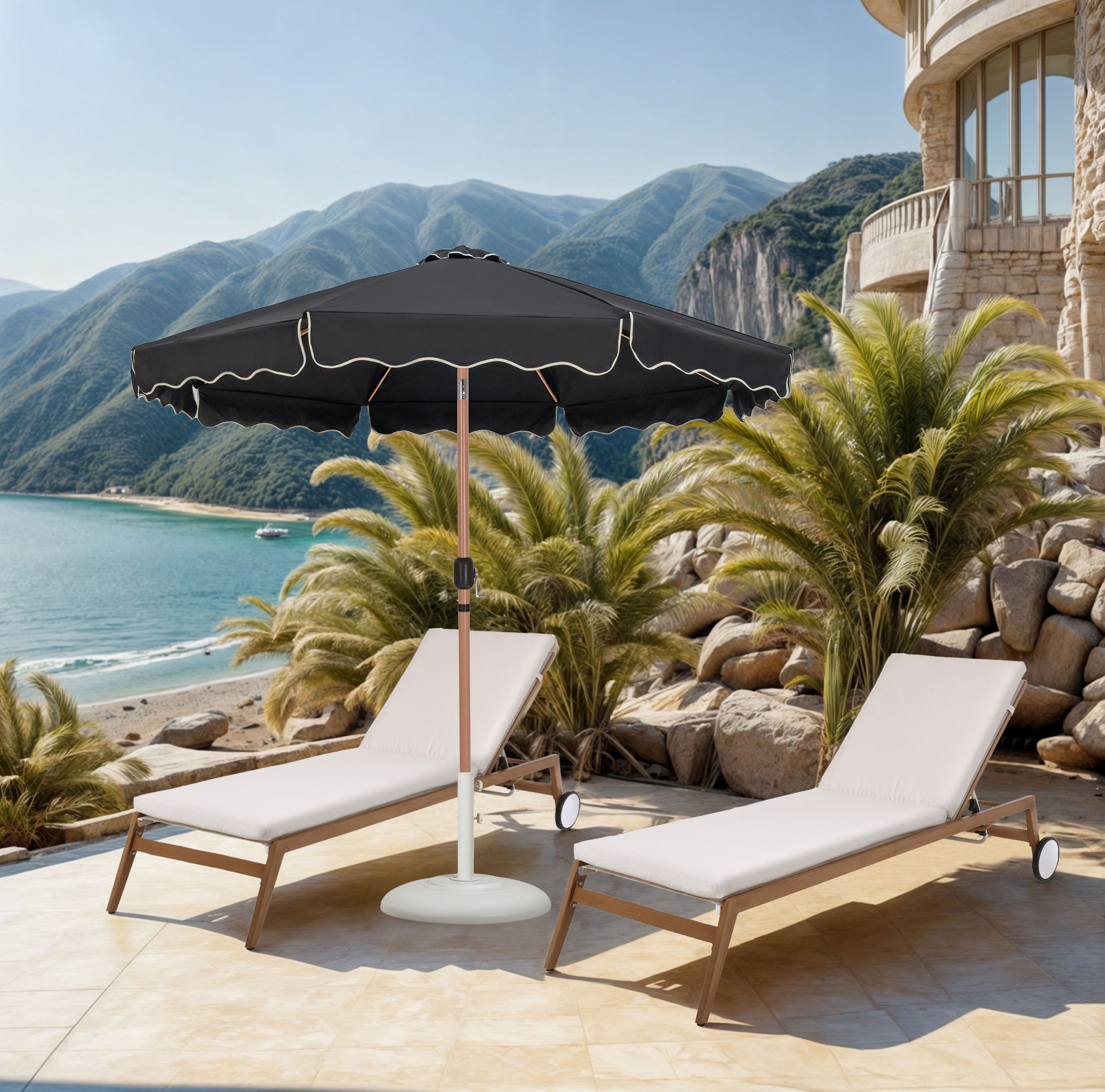 Amalfi - With Cream Piping Aluminum Patio Umbrella With Teak Base / Teak Pole - Black