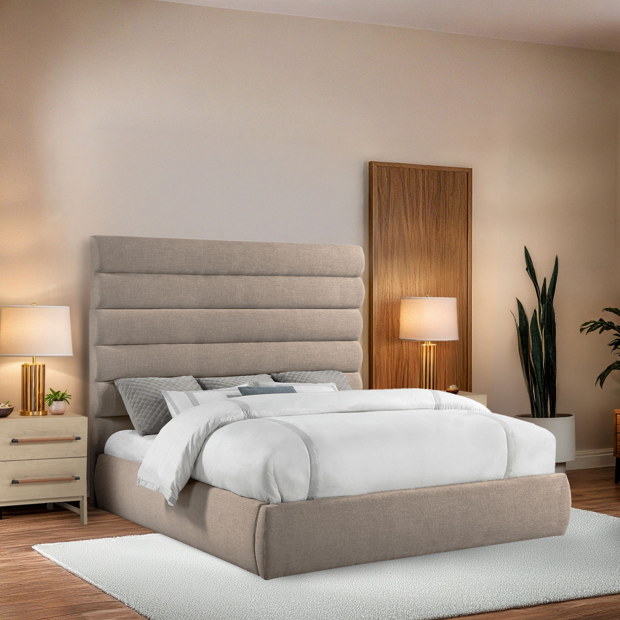 Adam - Linen Fabric King Bed With 70.5" Headboard - Beige