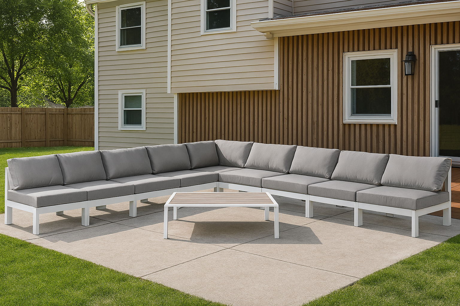 Nizuc - Outdoor Patio 9 Piece Modular Corner Armless Sectional With White Frame - Gray