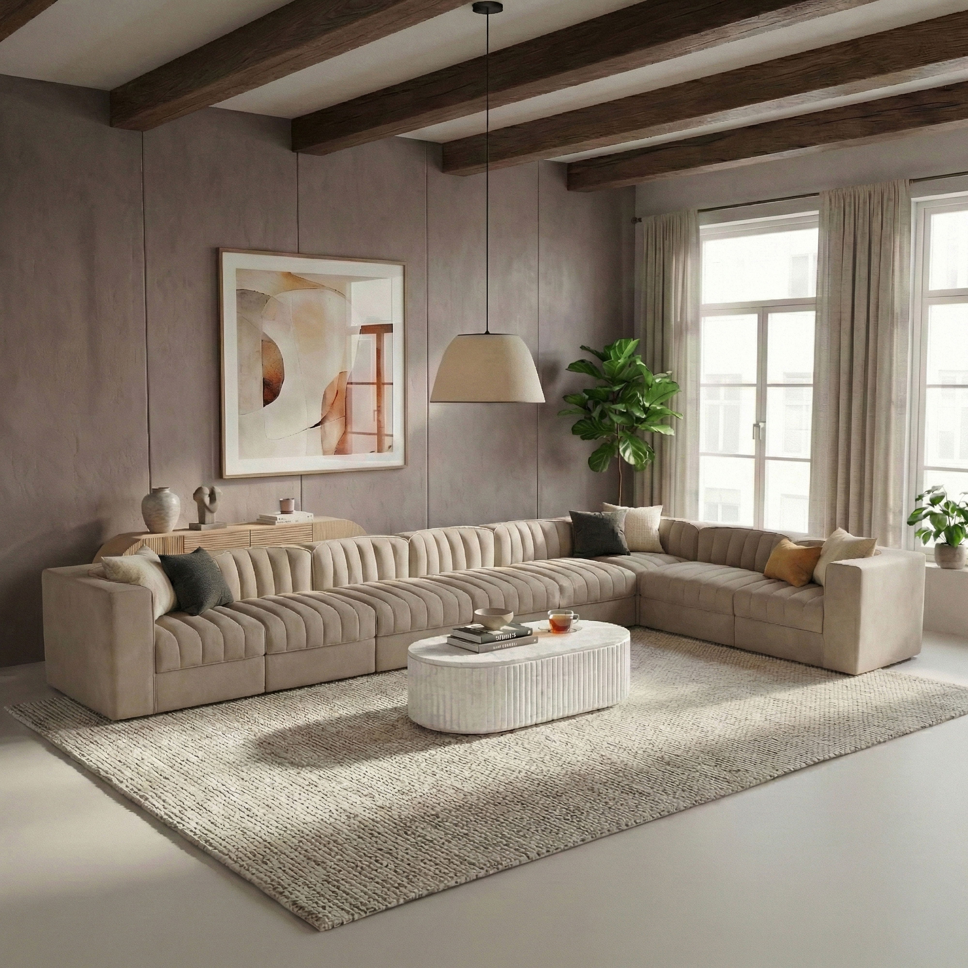 Rummi - Velvet Performance Fabric Upholstered 8 Piece Modular Sectional (With 3 Corner Chairs) - Beige