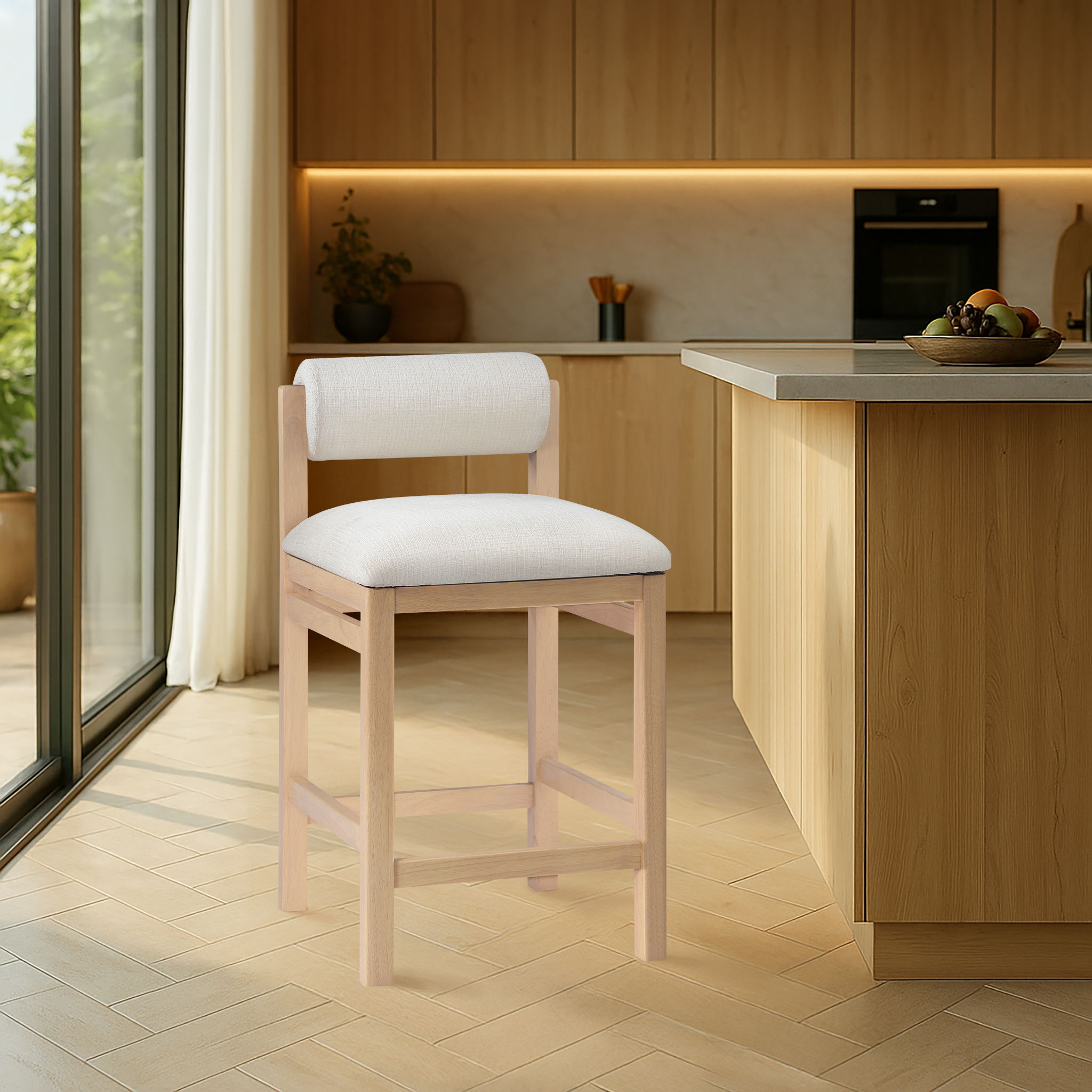 Roundhill - Linen Textured Fabric Counter Stool - Cream