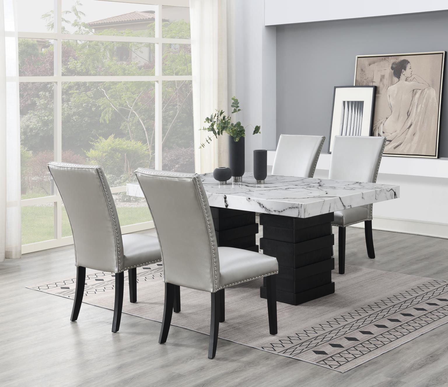 D139 - 5 Piece Dining Room Set (Table, 4 Faux Leather Chairs) - Silver