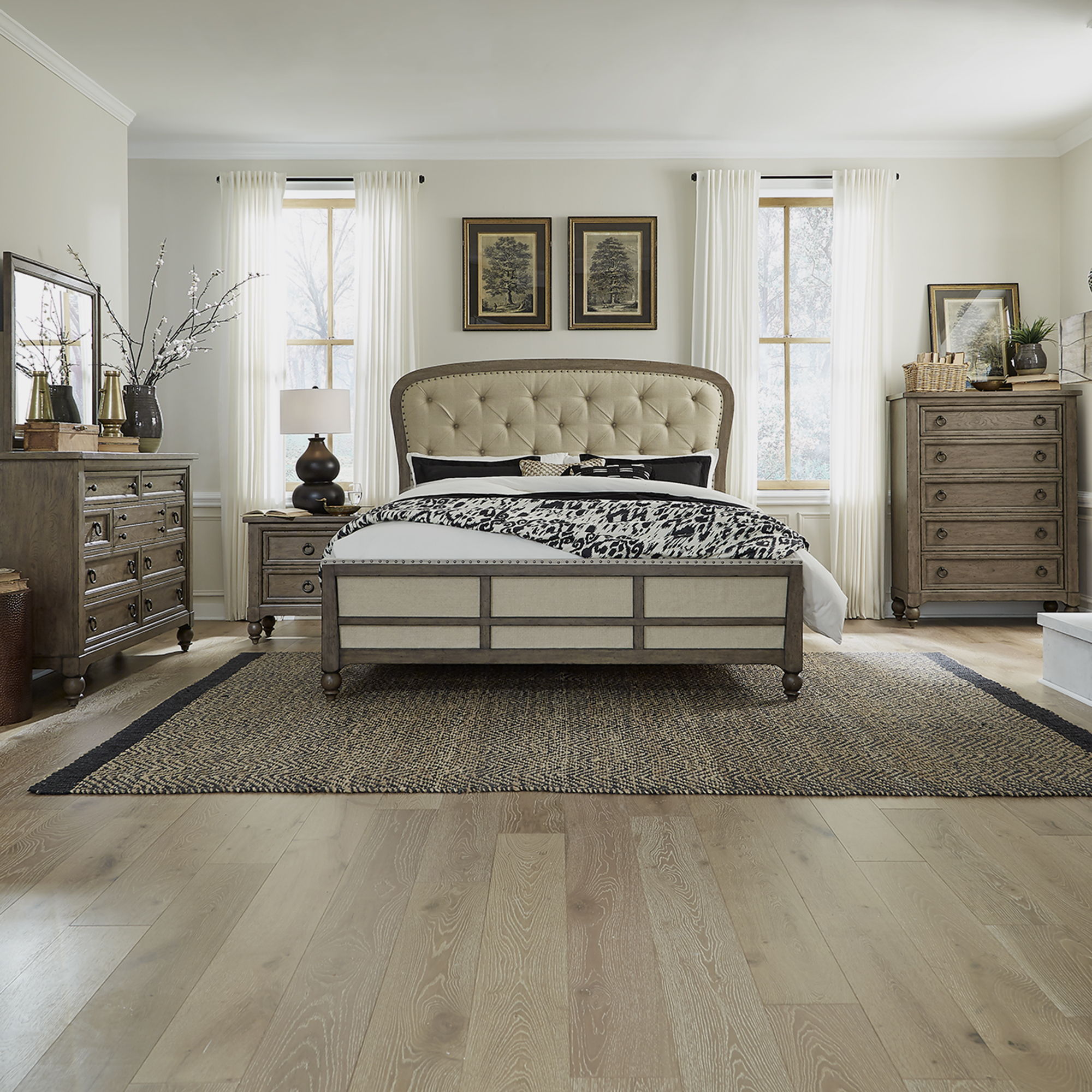 Liberty Furniture Americana Farmhouse - 5 Piece Bedroom Set (King Shelter Bed, Dresser & Mirror, Chest, Nightstand) - Light Brown