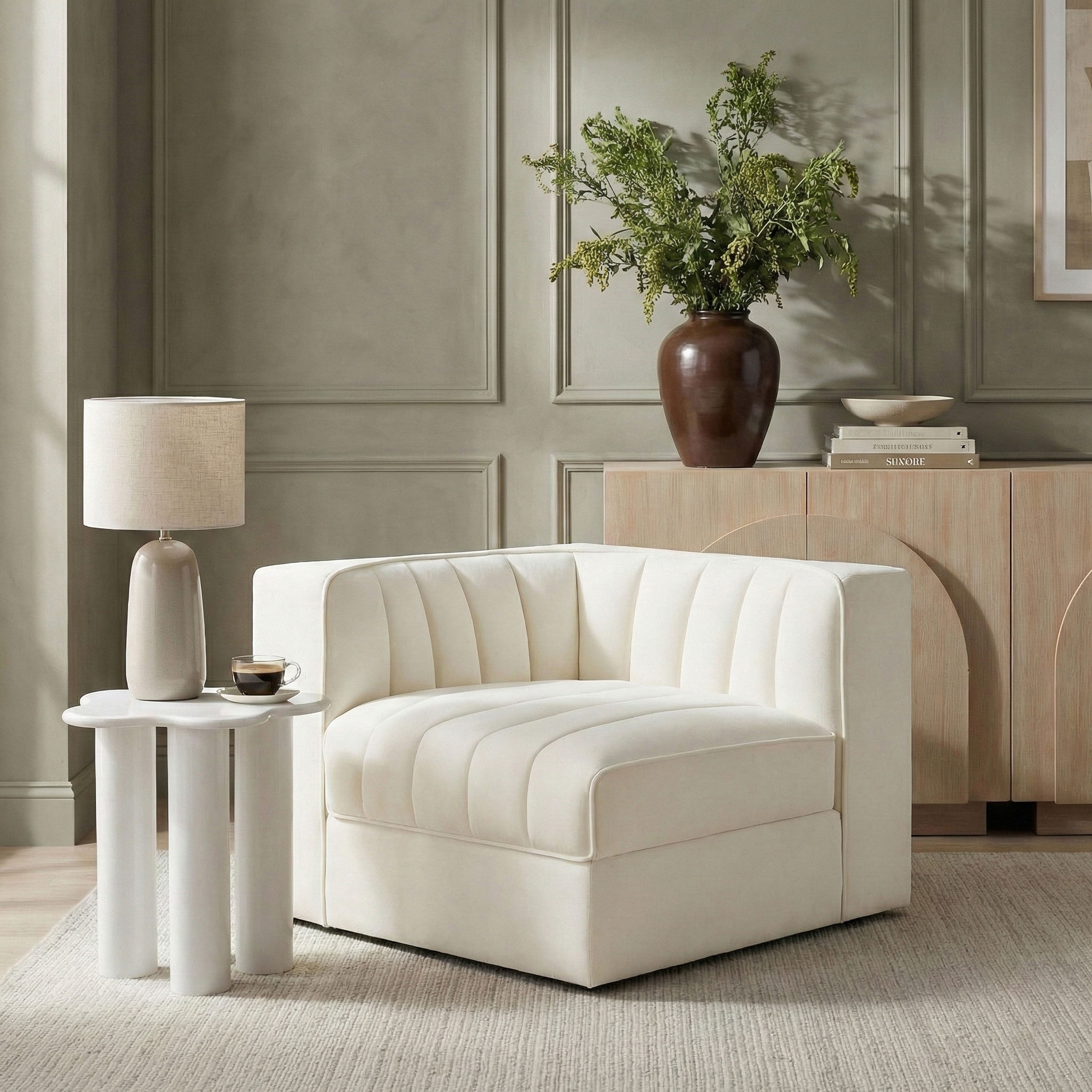 Rummi - Velvet Performance Fabric Upholstered Modular Corner Chair - Cream