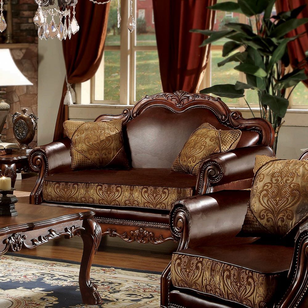 Dresden - Loveseat With 2 Pillows - Brown Synthetic Leather & Chenille, Cherry Oak, dark brown