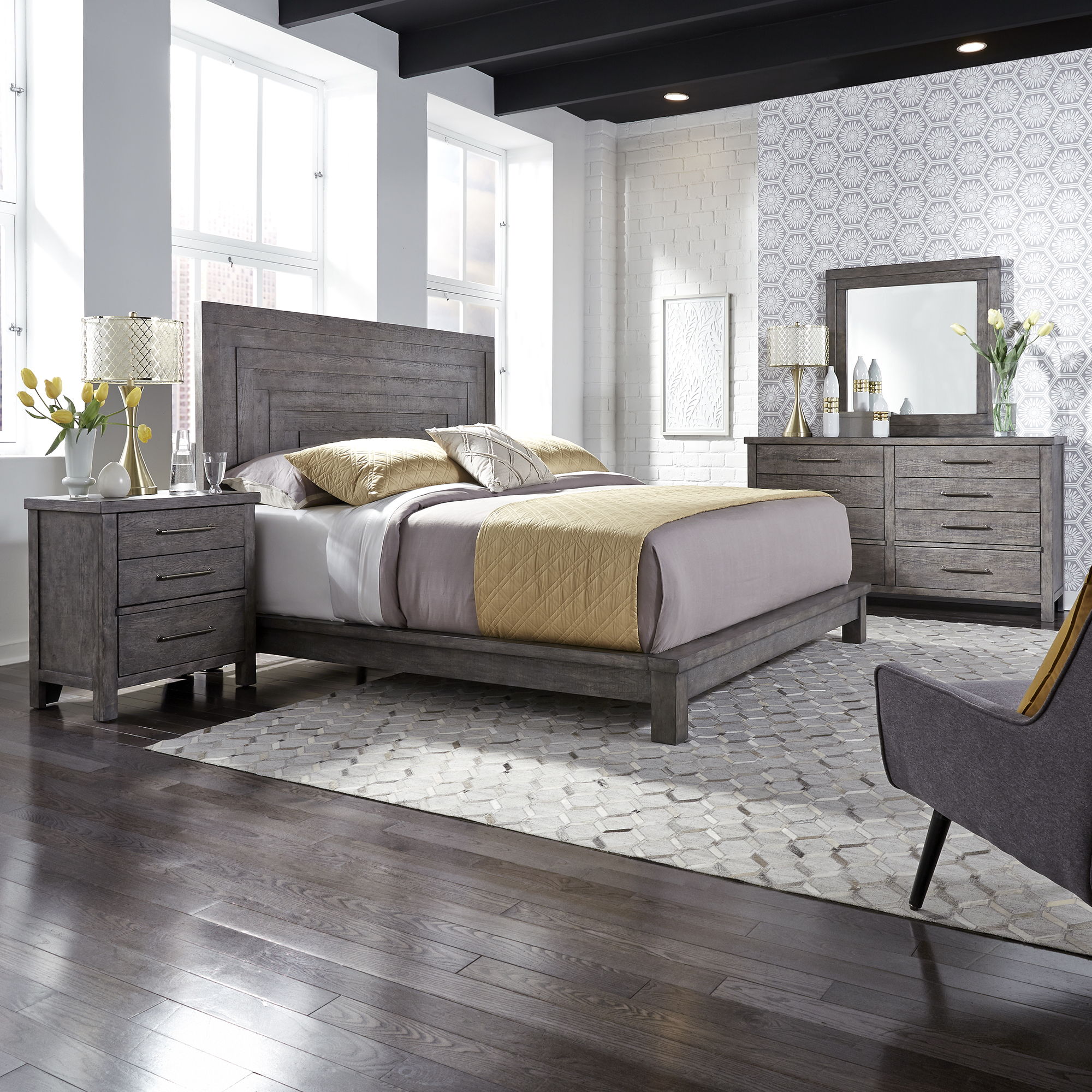 Liberty Furniture Modern Farmhouse - 4 Piece Bedroom Set (King Platform Bed, Dresser & Mirror, Nightstand) - Gray
