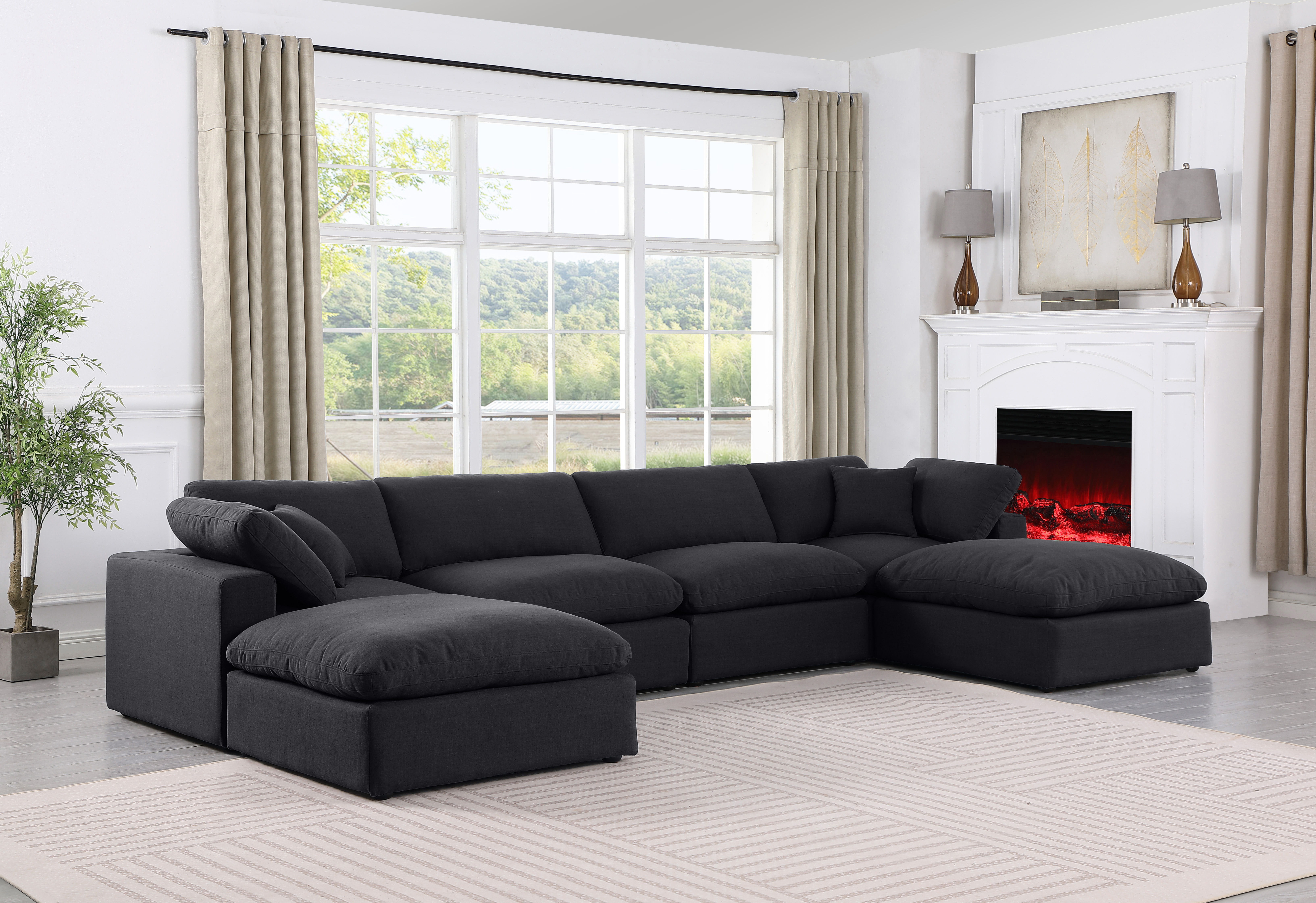 Comfy - 6 Piece Linen Modular Double Chaise Sectional - Charcoal