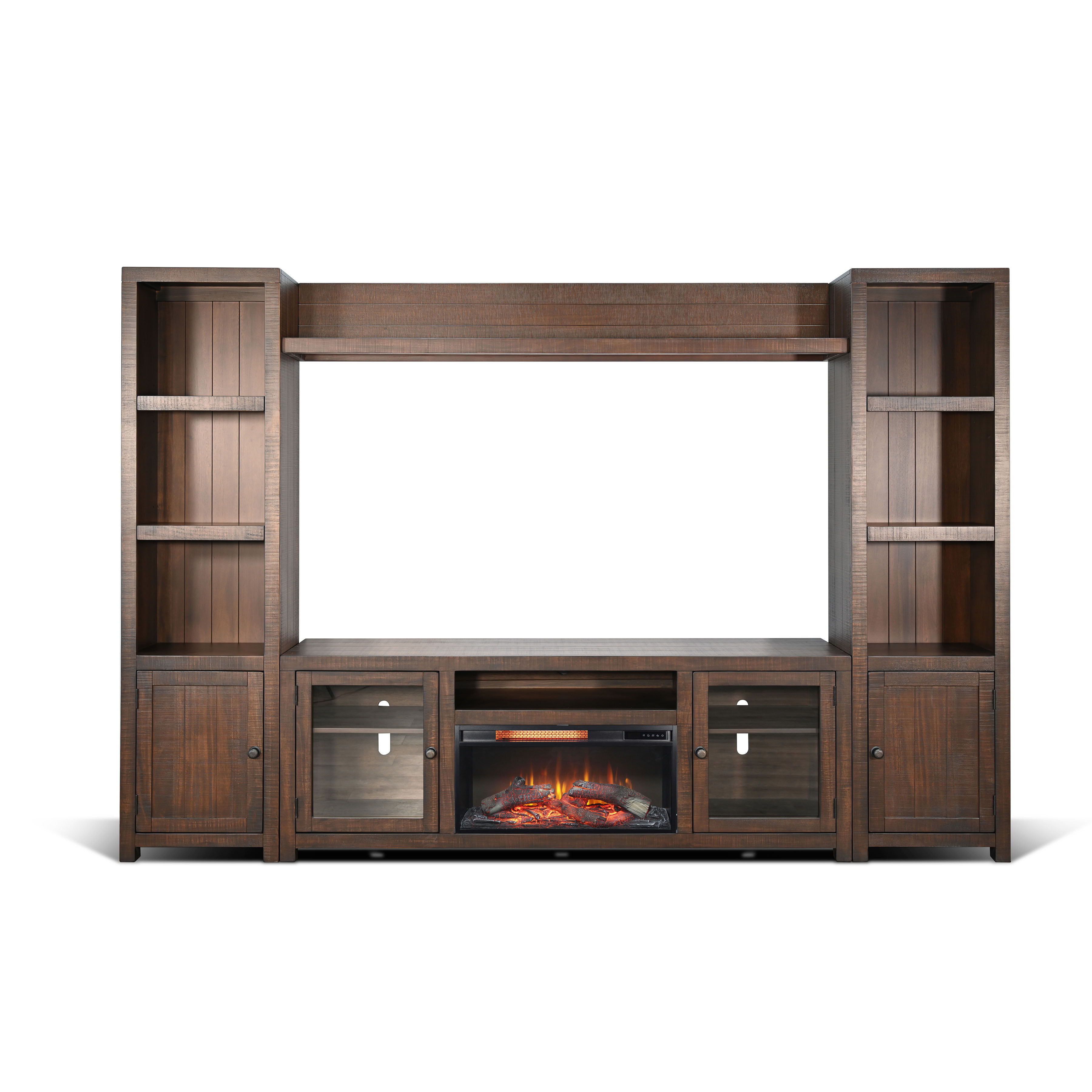 112\" Media Wall With Wood Electric Fireplace Insert - Tobacco Leaf Image