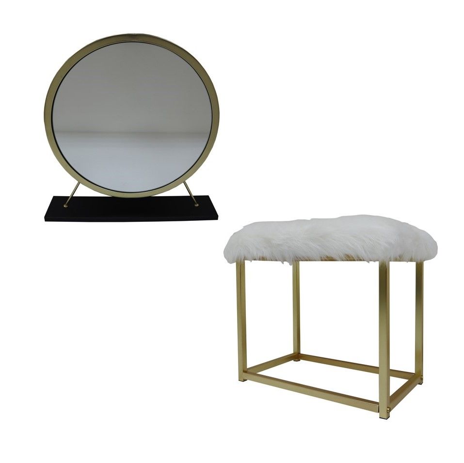Adao - Vanity Mirror & Stool - Faux Fur, Mirror, Black & Brass, black