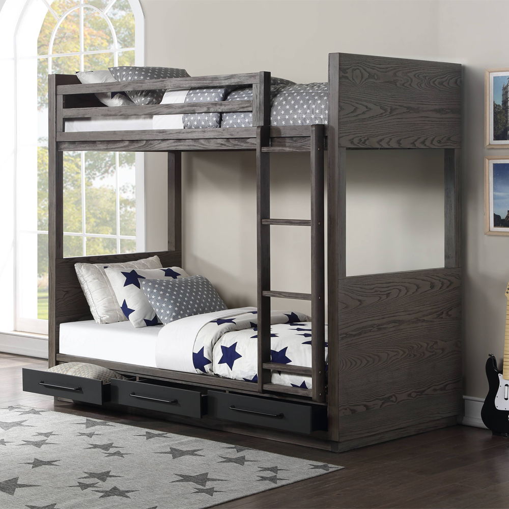 Estevon - Twin Over Twin Bunk Bed With Storage - Gray Oak, dark gray