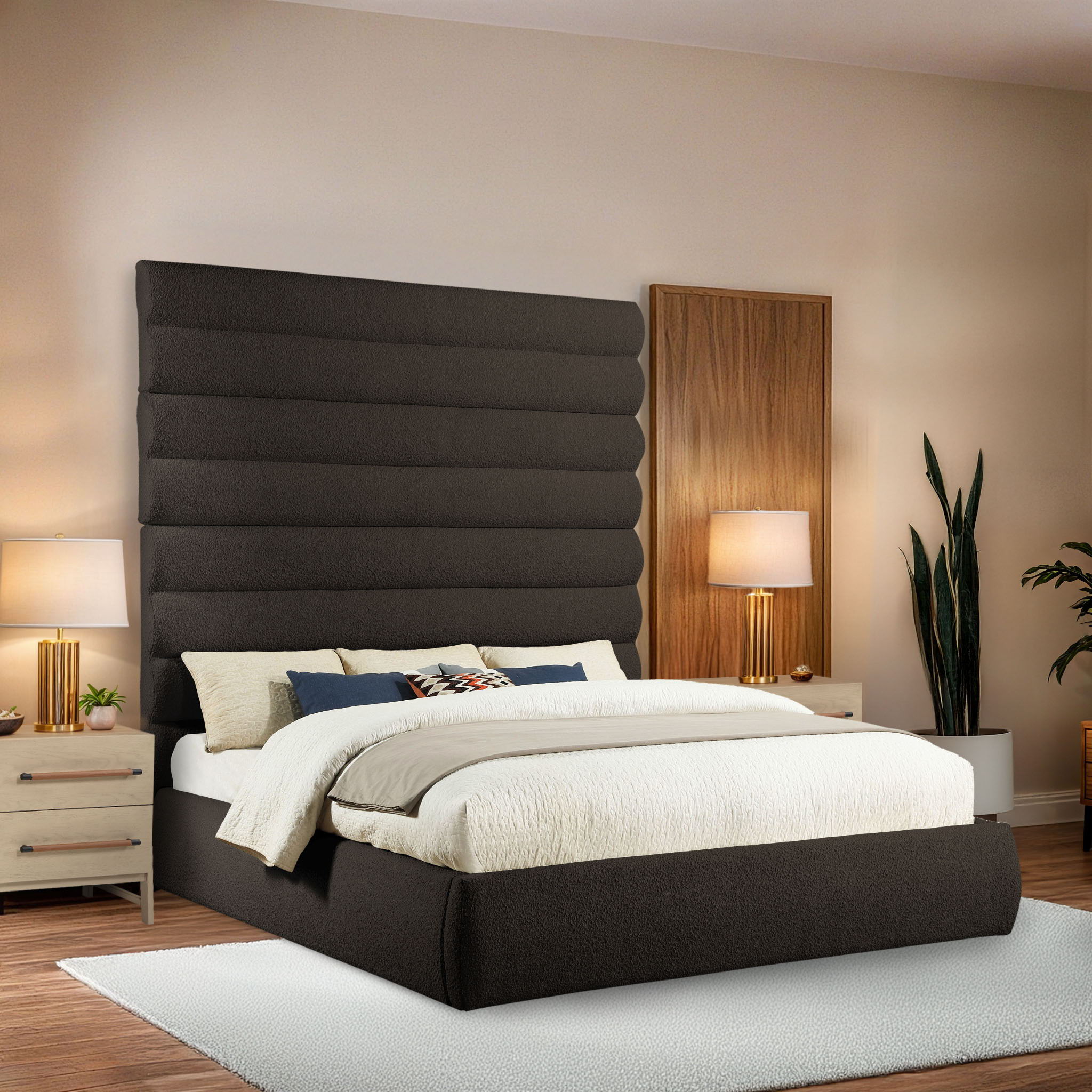 Adam - Boucle Fabric King Bed With 89" Headboard - Dark Brown