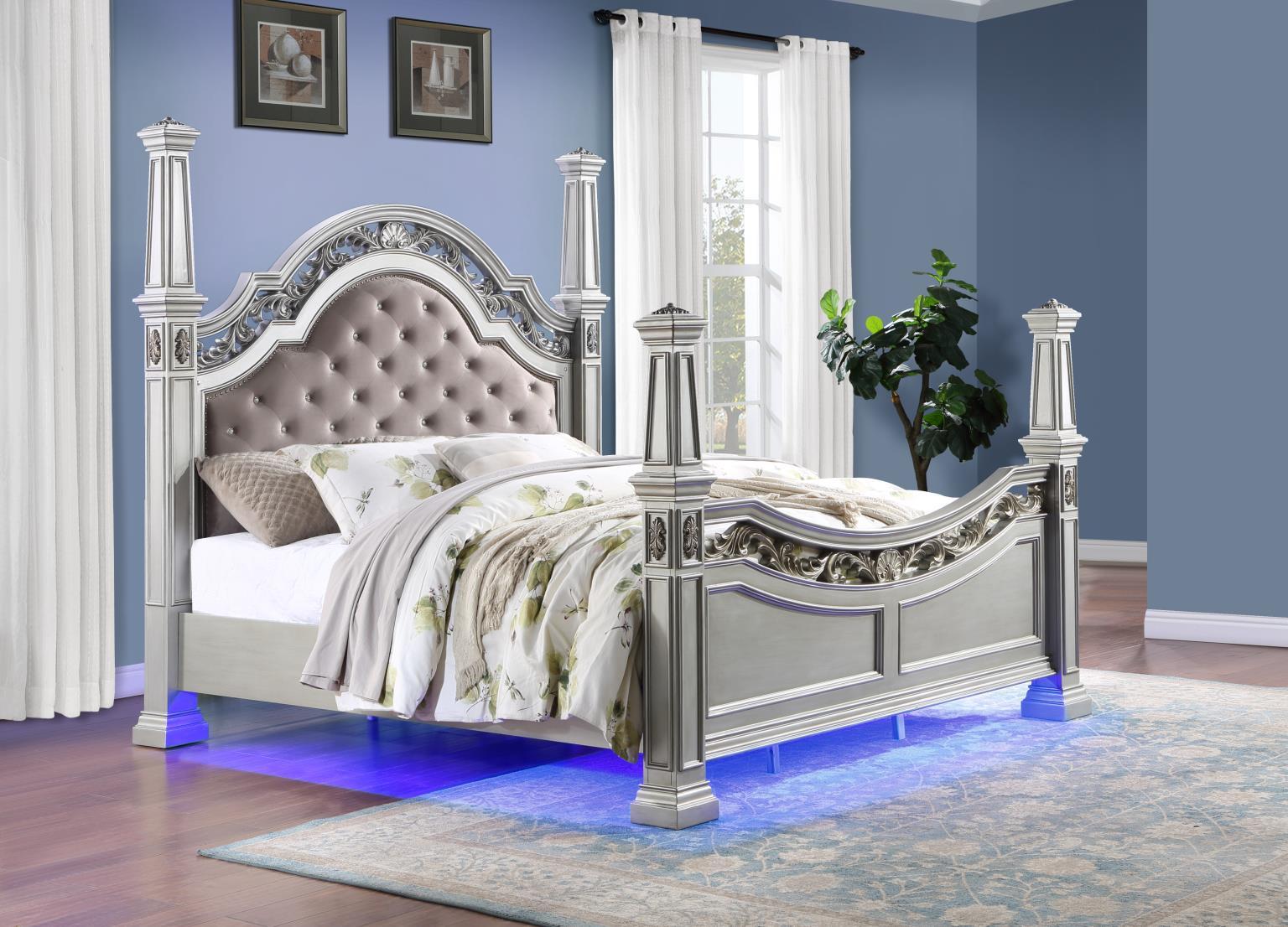 B062 - 3 Piece Bedroom Set (Queen Bed, Dresser, Mirror) - Pearl Silver