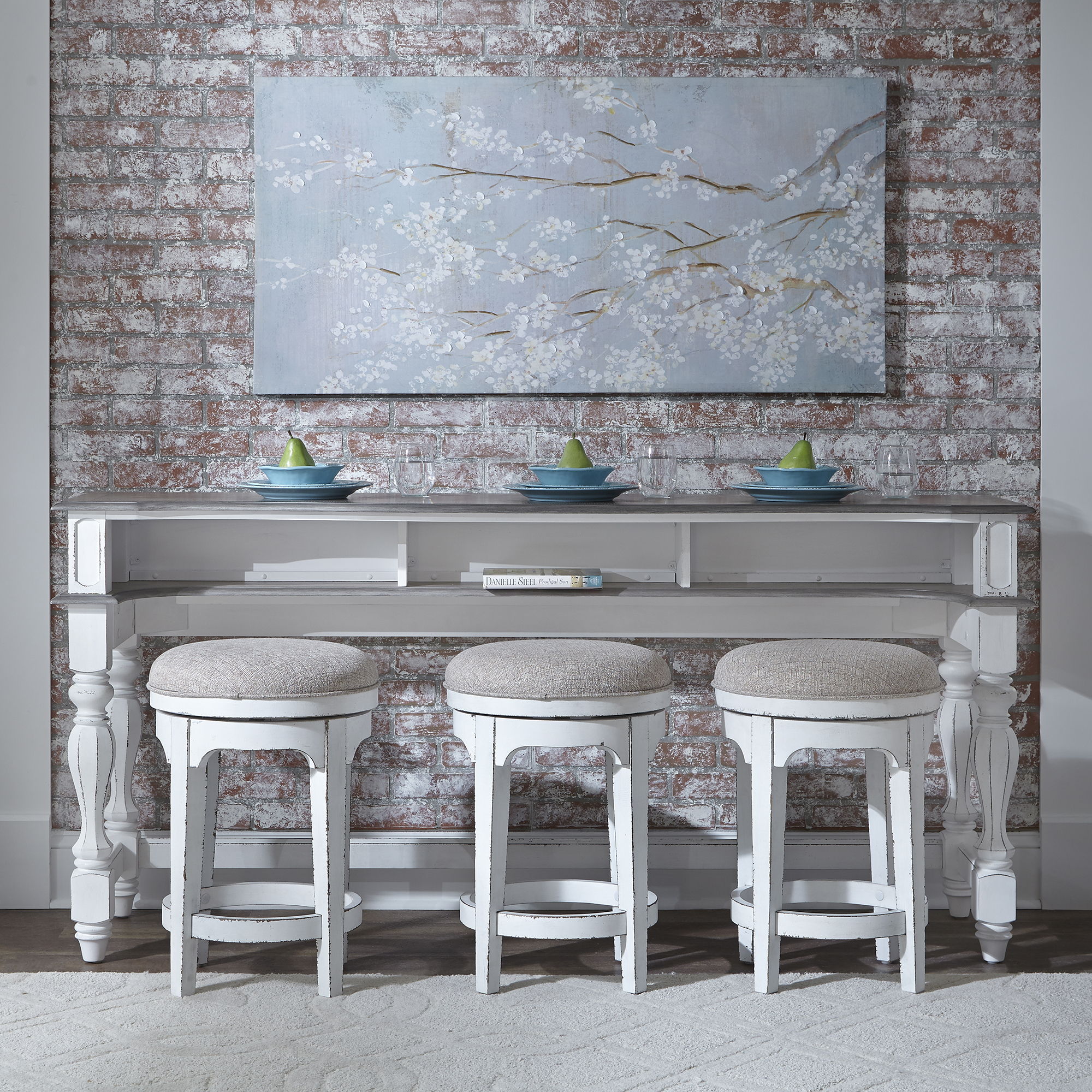 Liberty Furniture Magnolia Manor - 4 Piece Console Set (1 Console 3 Stools) - White