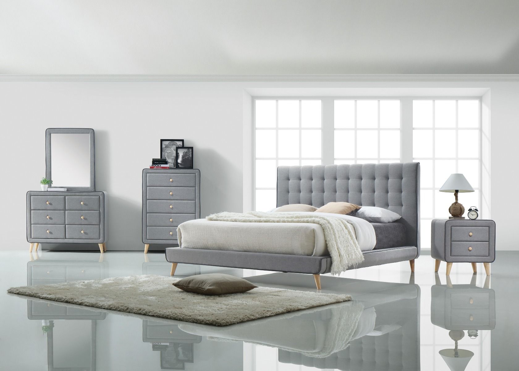 Valda - Mirror - Light Gray Fabric, gray