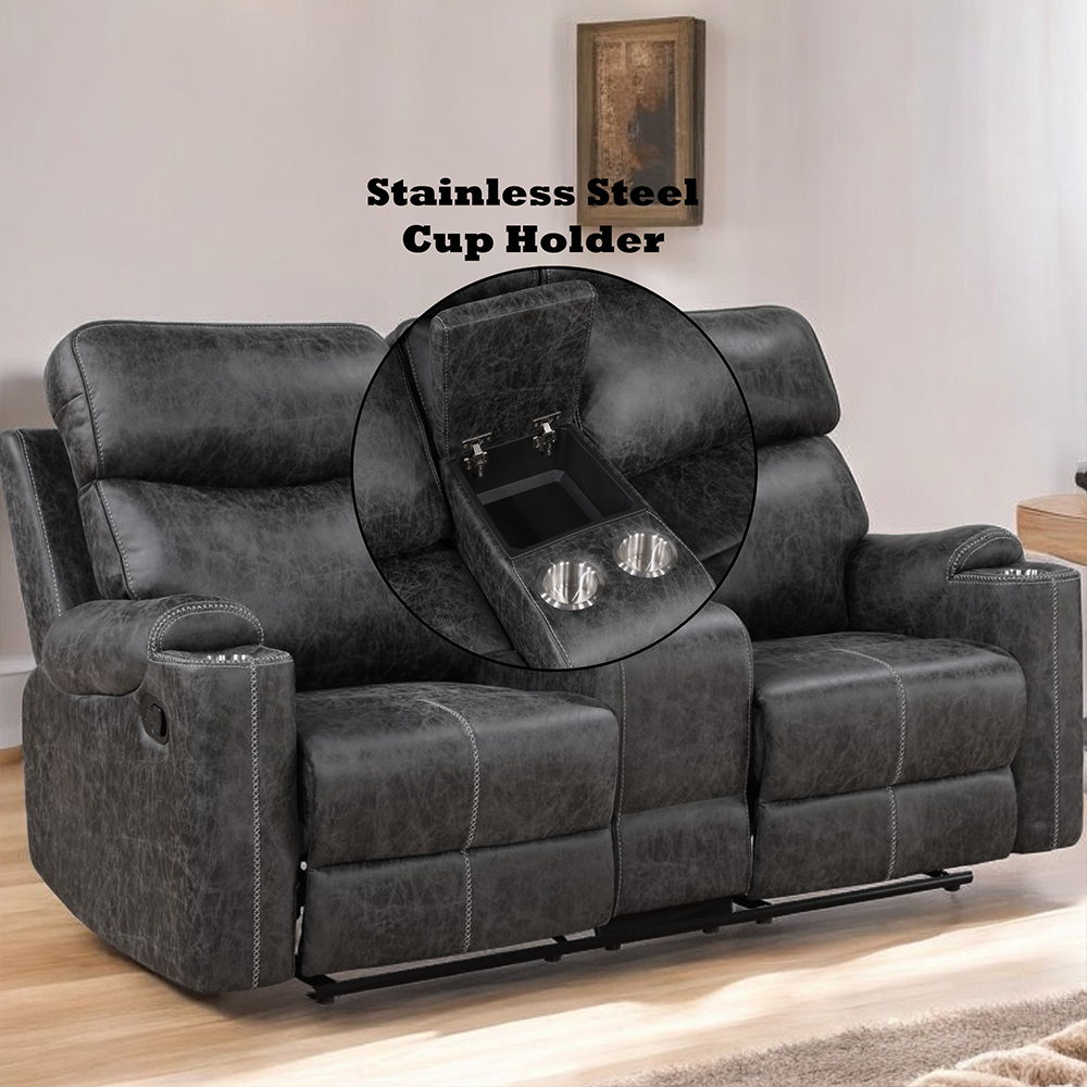 Hirah - Motion Loveseat With Console & USB Port - Dark Gray Polish Microfiber, dark gray, view 7