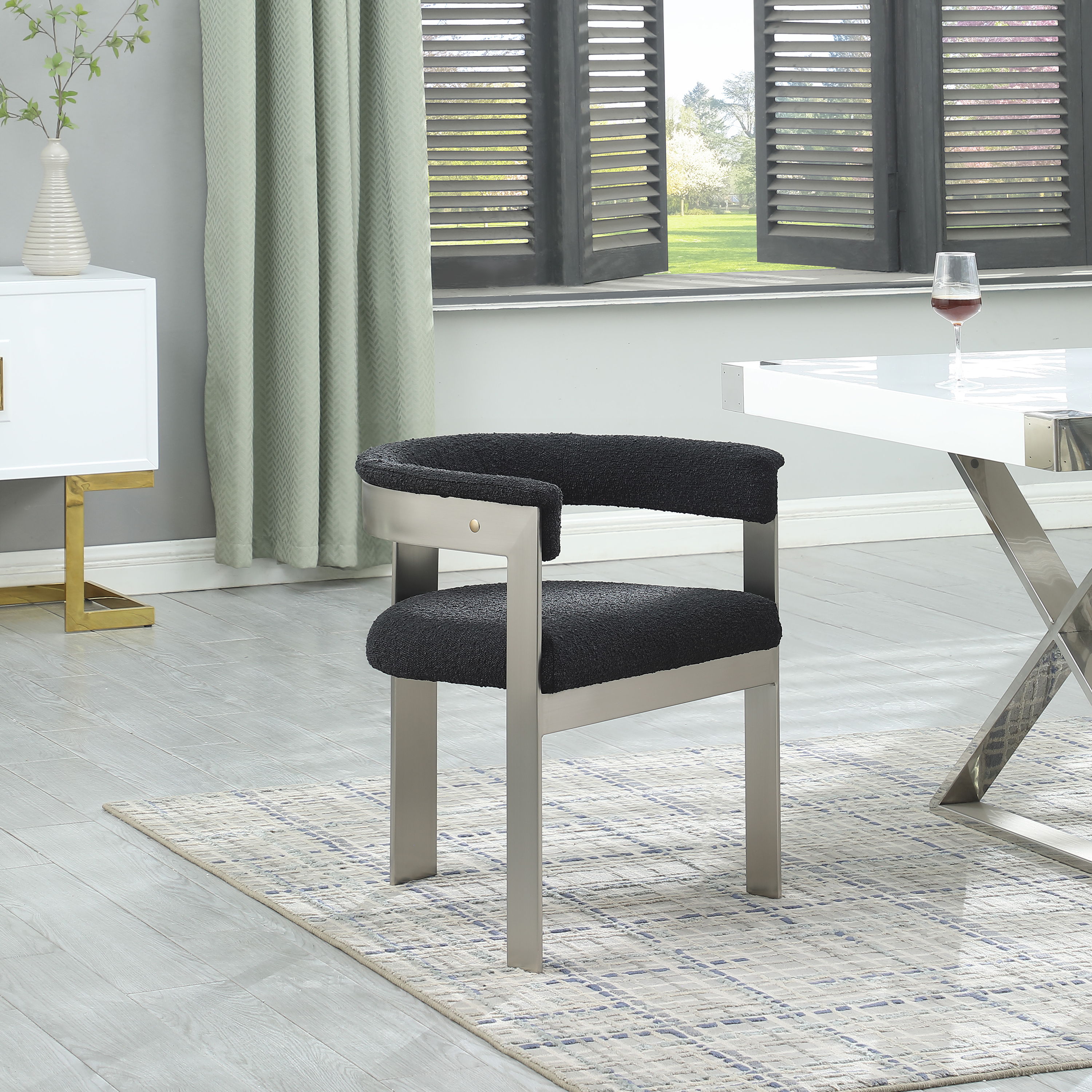 Romeo - Boucle Dining Chair With Silver Base (Set of 2) - Black