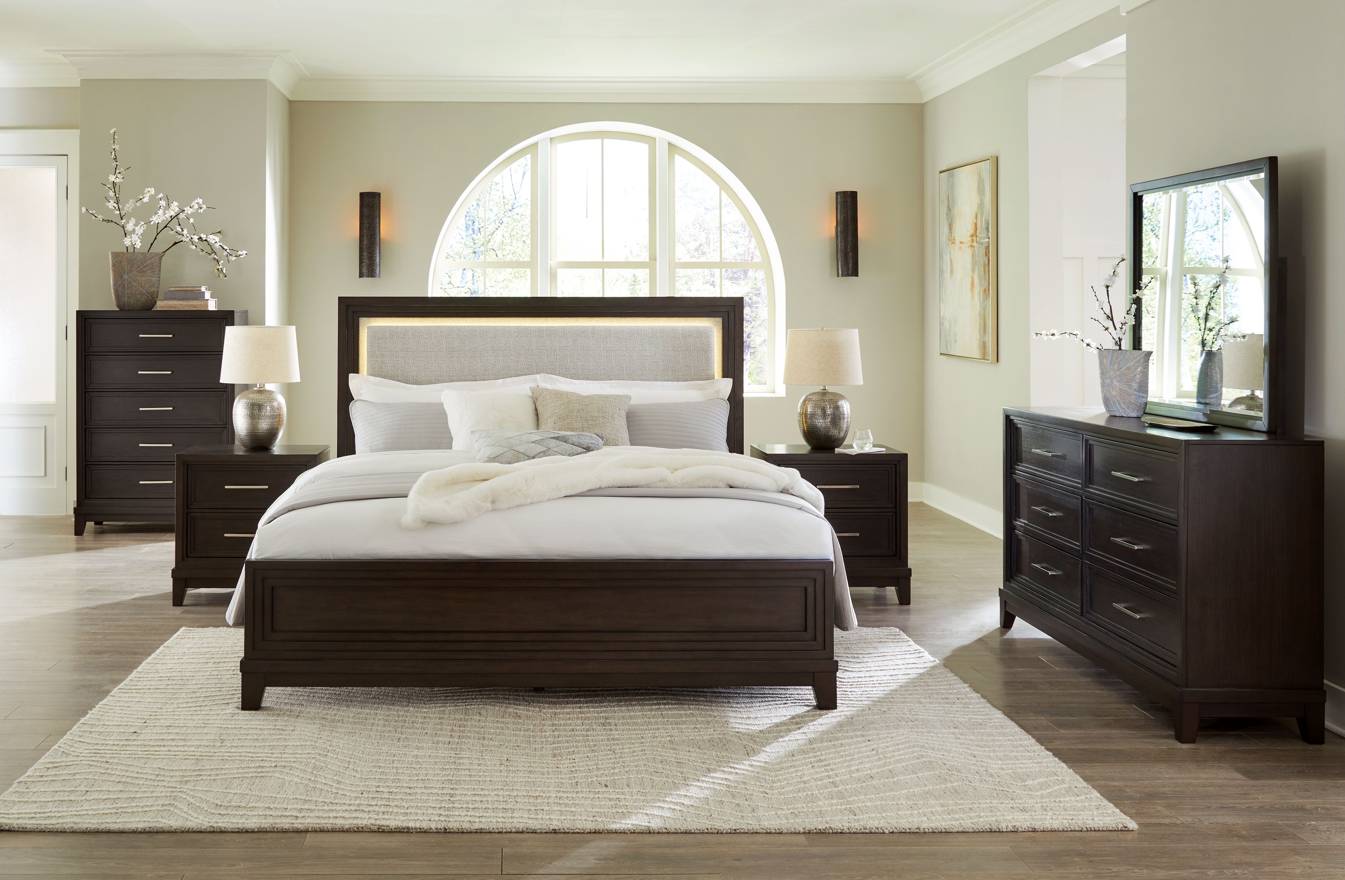 Ashley Neymorton - Dark Grayish Brown - 8 Pc. - Dresser, Mirror, Chest, Queen Upholstered Panel Bed, 2 Nightstands