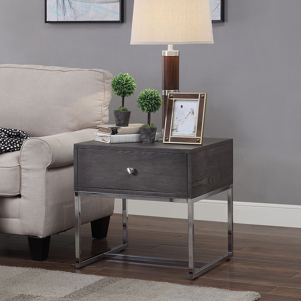 Iban - End Table - Gray Oak & Chrome, dark gray