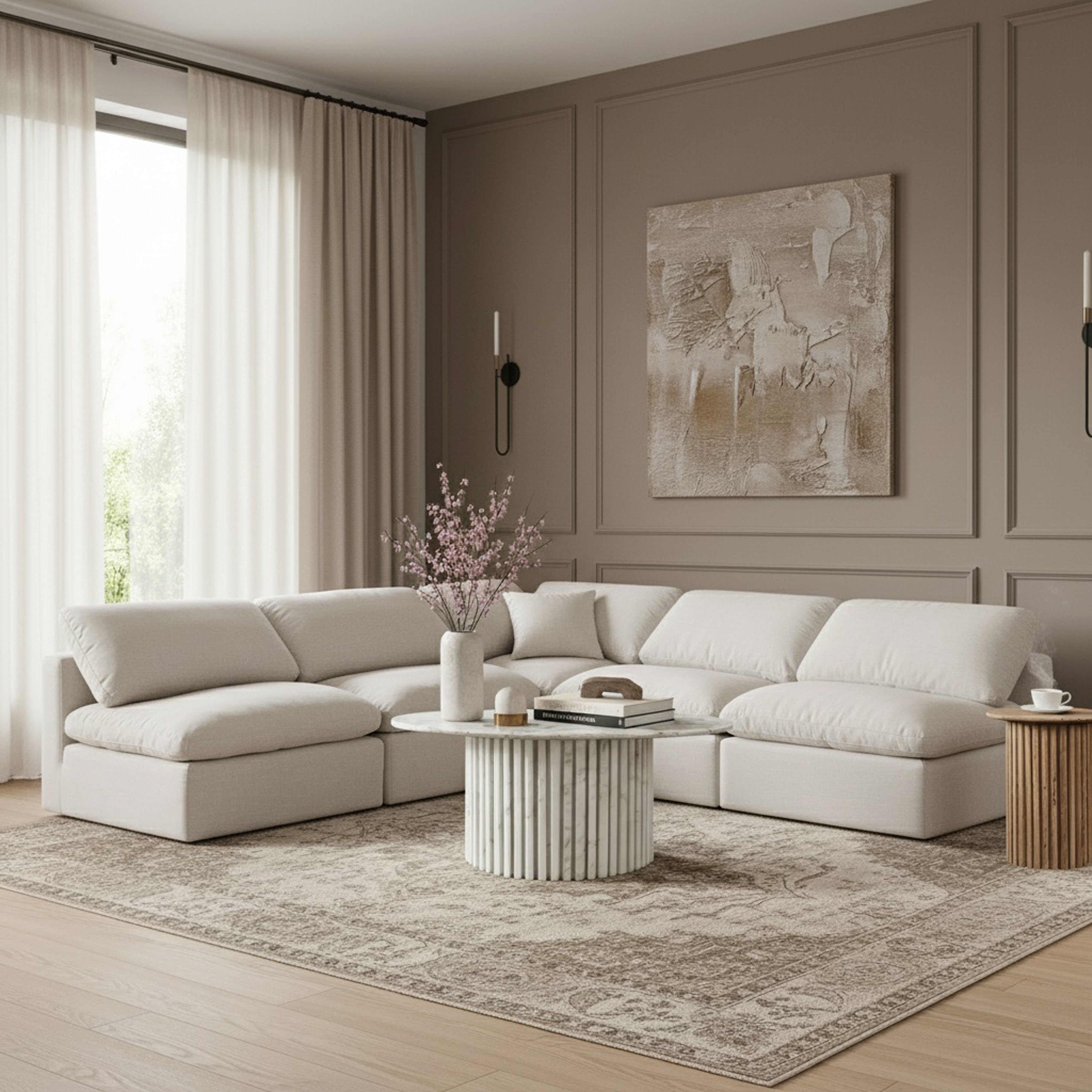 Indulge - Linen 5 Piece Modular Corner Armless Sectional - Cream