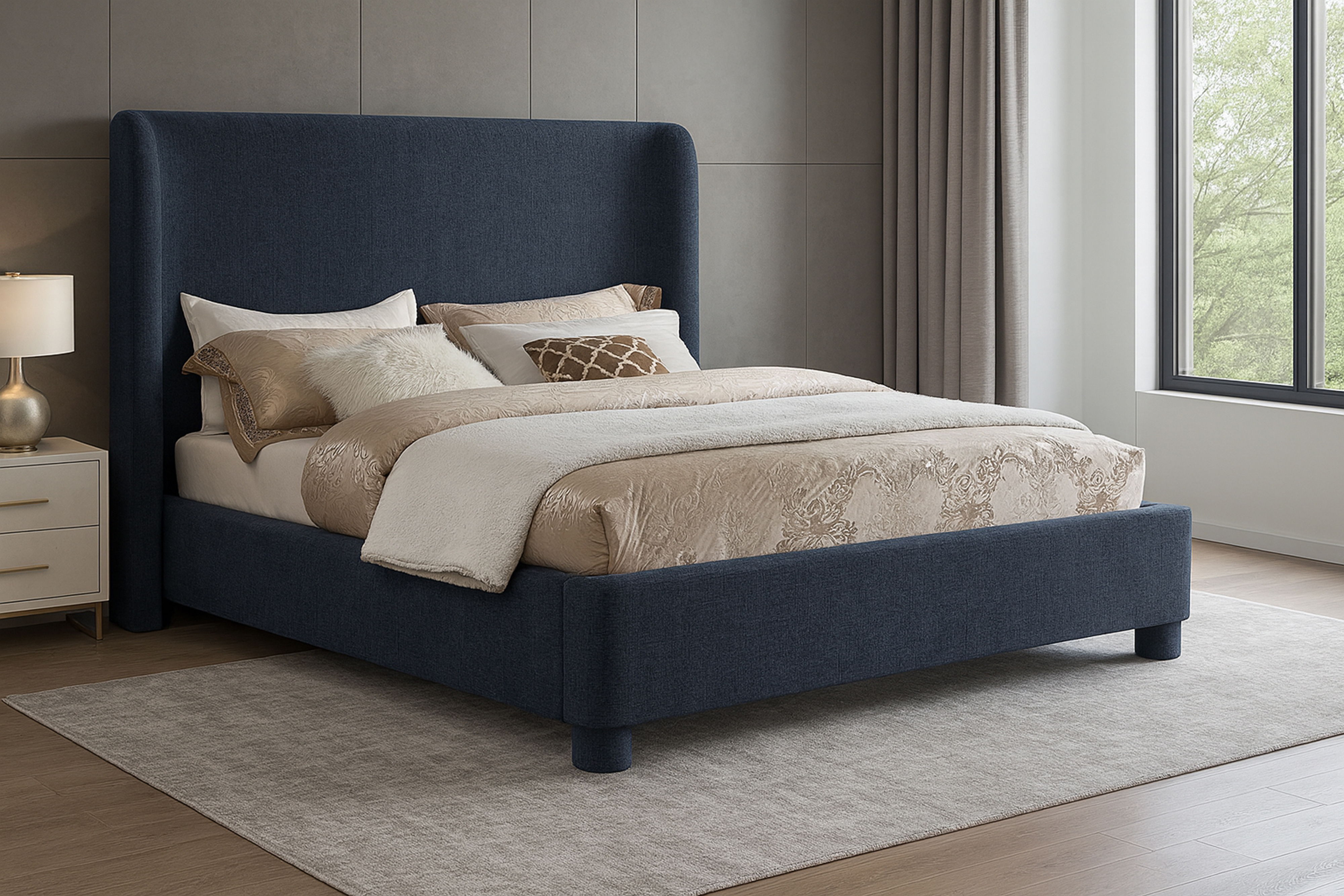 Penny - Chenille Fabric Queen Bed - Navy