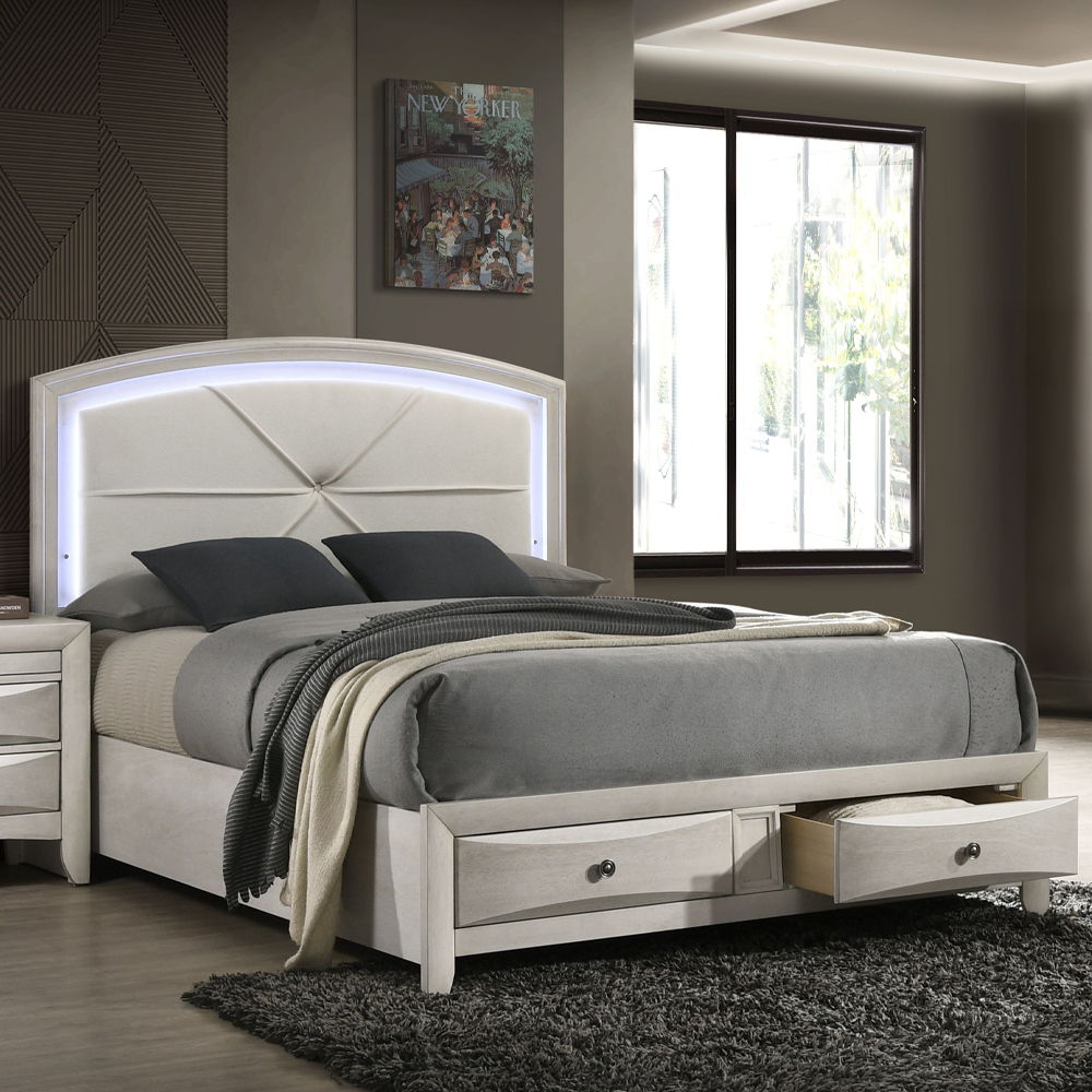 Ramondi - Queen Bed With Storage & LED - Antique White, white