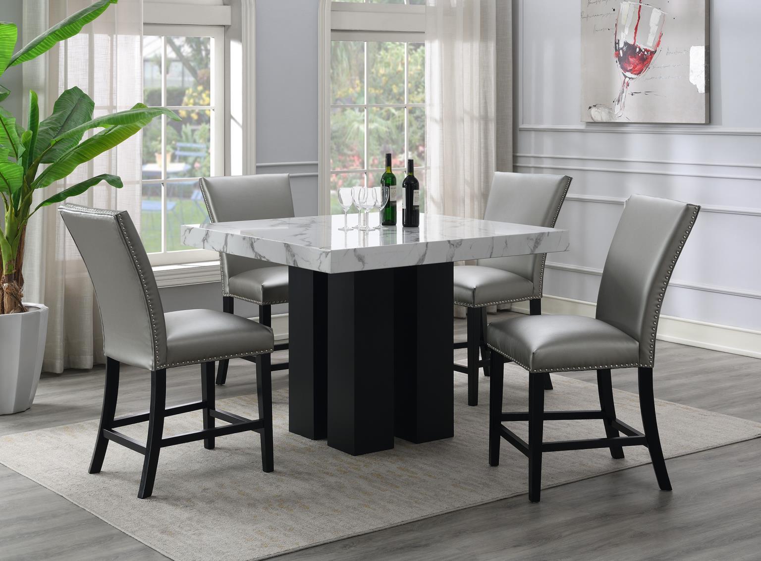 D130 - 5 Piece Dining Room Set (Counter Table, 4 Faux Leather Chairs) - Shimmer Silver / Black