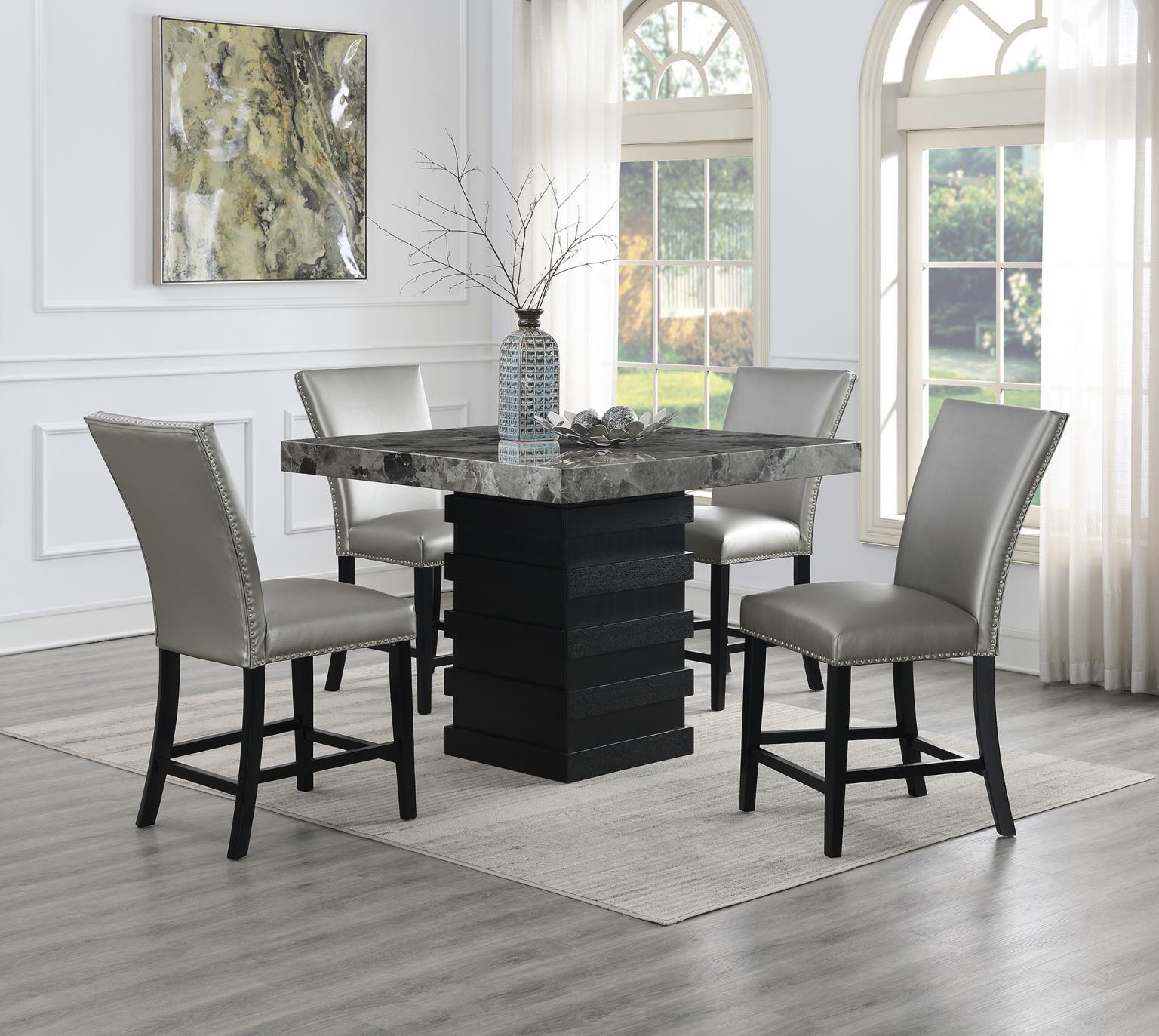 D136 - 5 Piece Dining Room Set (Counter Table, 4 Faux Leather Chairs) - Shimmer Silver