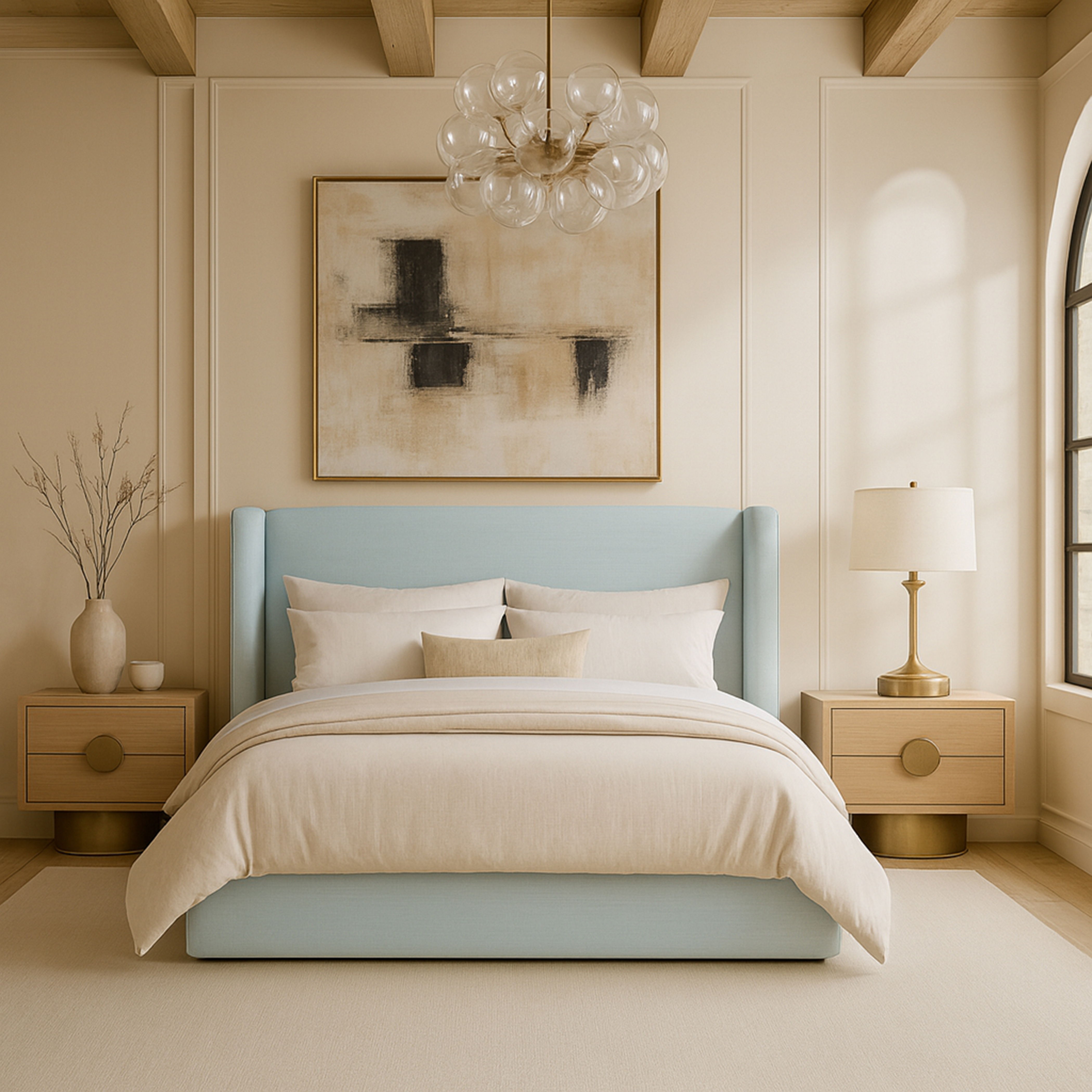 Kendall - Linen Textured Fabric Upholstered King Bed - Light Blue