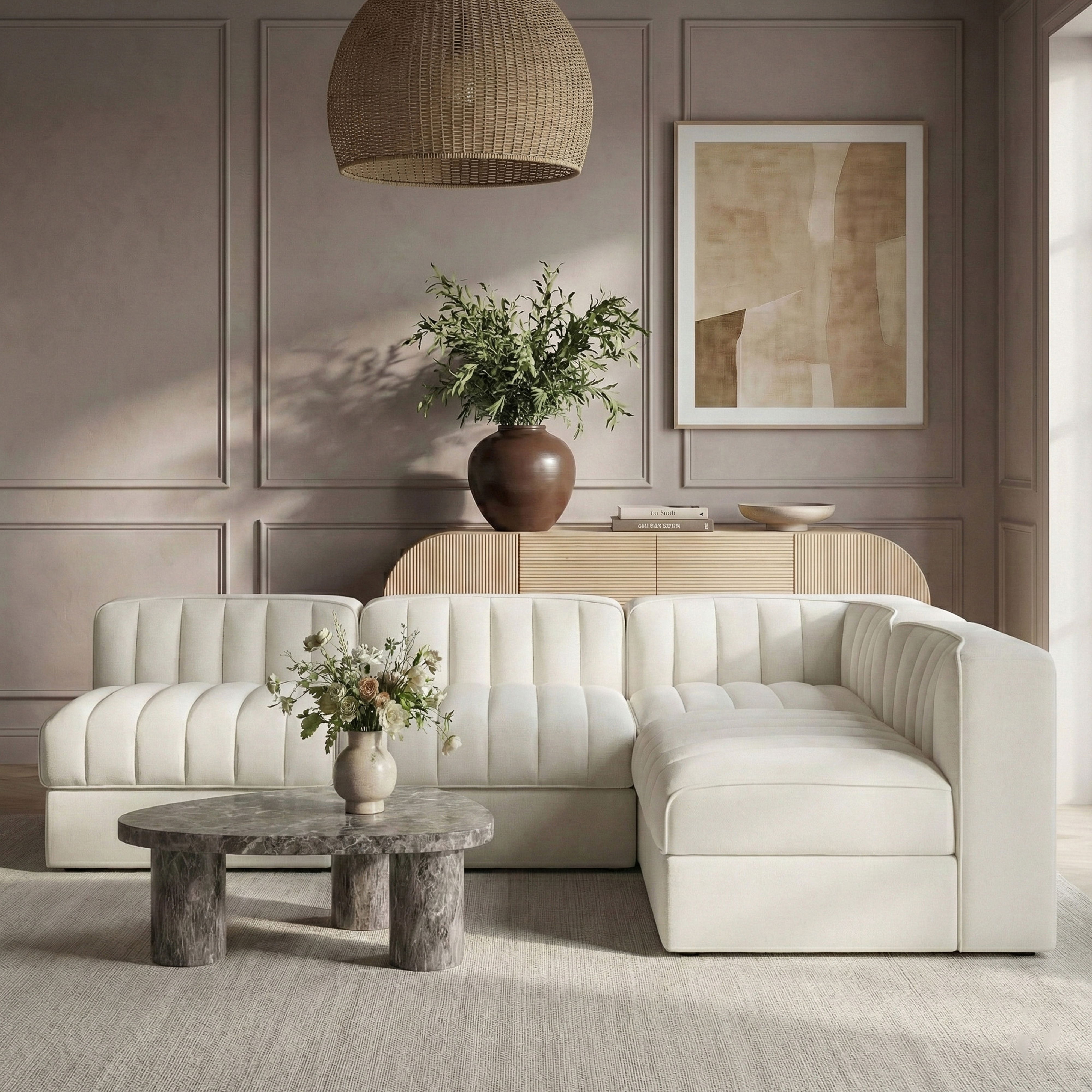 Rummi - Armless Velvet Performance Fabric Upholstered 4 Piece Modular Sectional - Cream