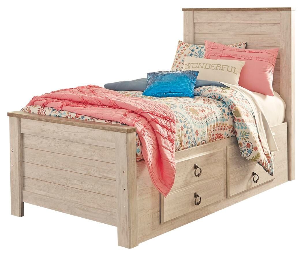 Willowton - Twin Panel Bed With 2 Storage Drawers - Whitewash