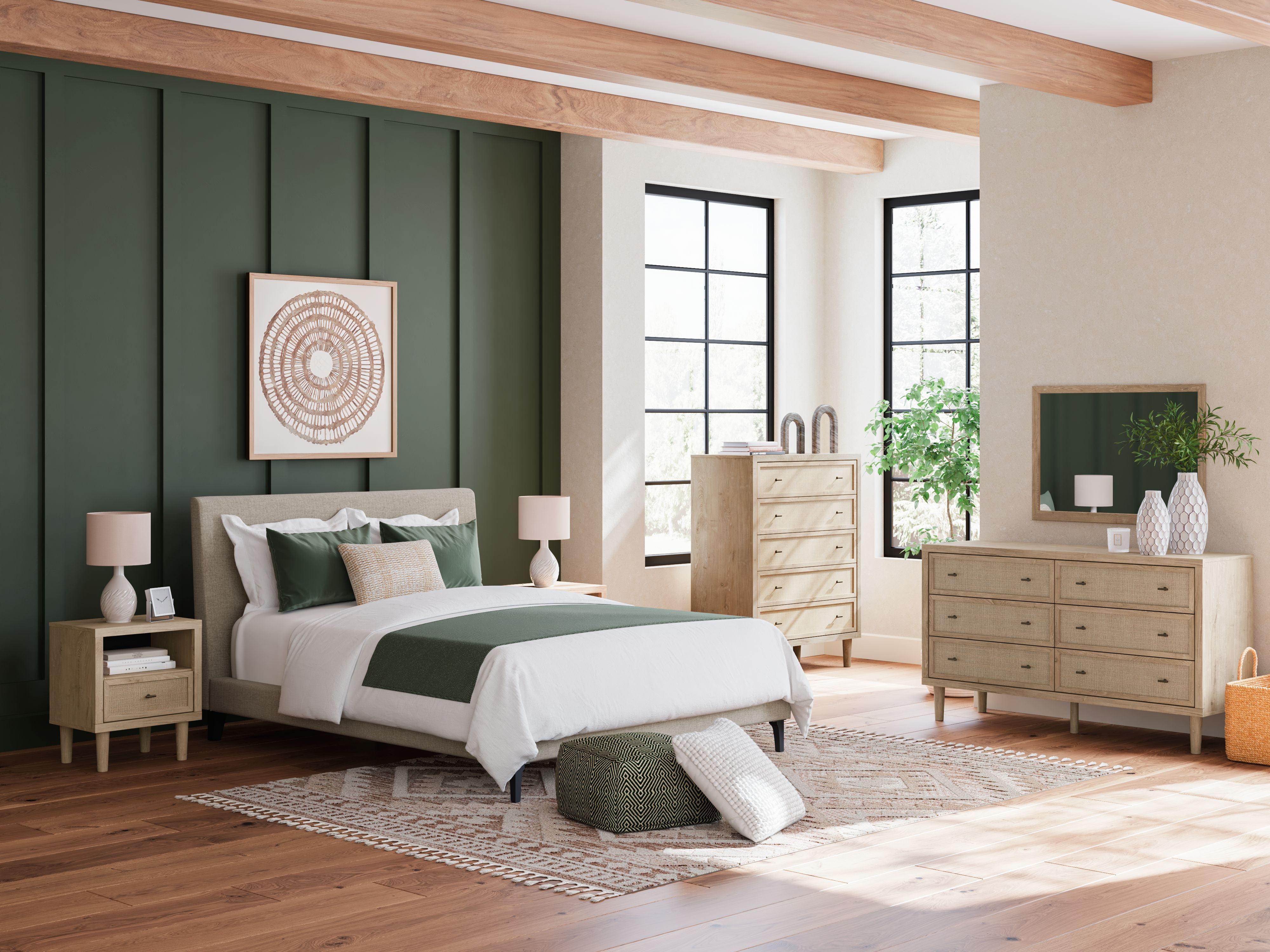 Queen · 3 Pc · Dresser, Mirror, Queen Upholstered Bed With Roll Slats