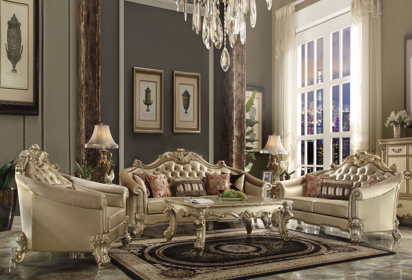 Vendome II - Sofa With 5 Pillows - Bone Synthetic Leather & Gold Patina, beige