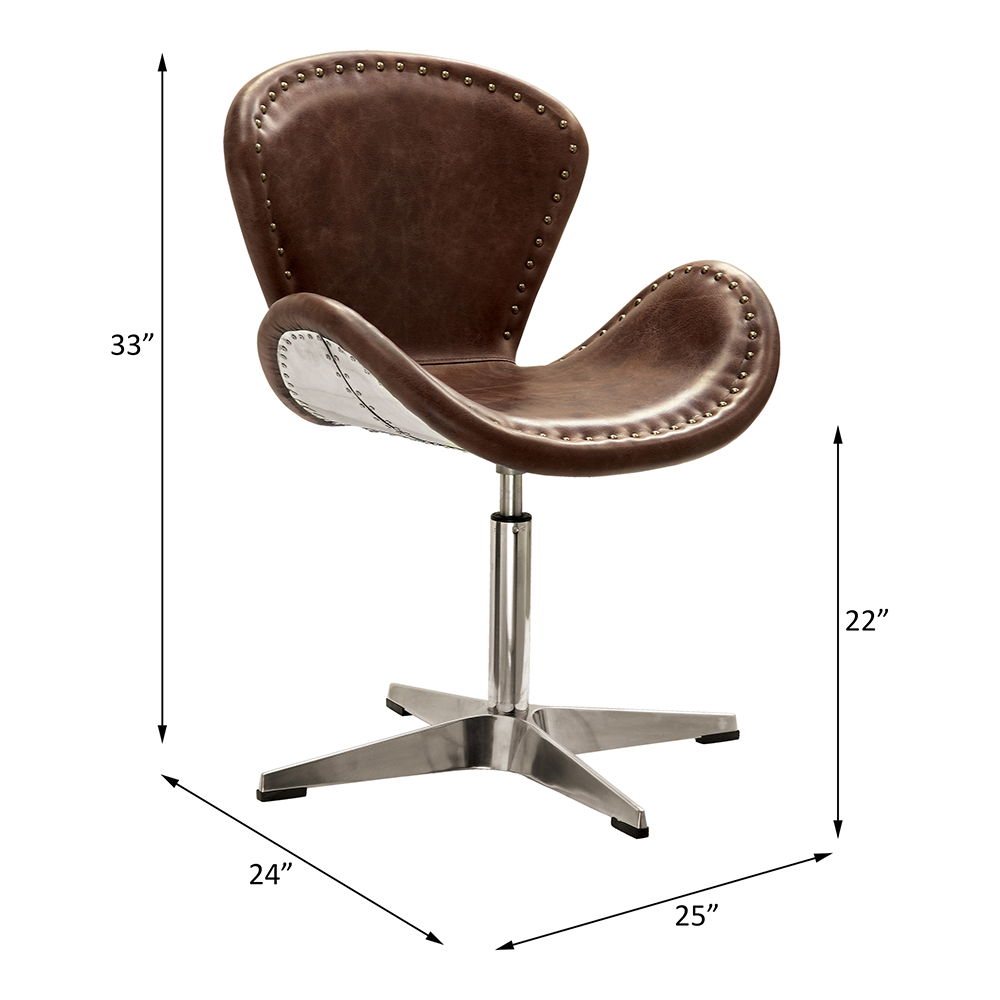 Brancaster - 33" Accent Chair With Swivel - Retro Brown Top Grain Leather & Aluminum, light brown, view 3