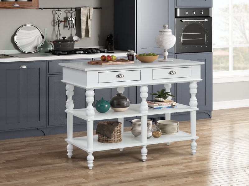 Rorratt - Kitchen Island - Marble Top & White, white