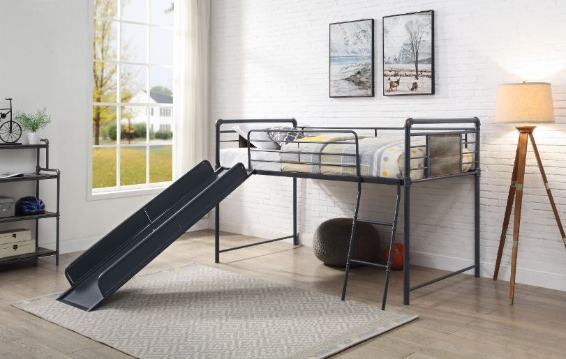 Cordelia - Twin Loft Bed With Slide - Antique Oak, Sandy Black & Dark Bronze Hand-Brushed, black
