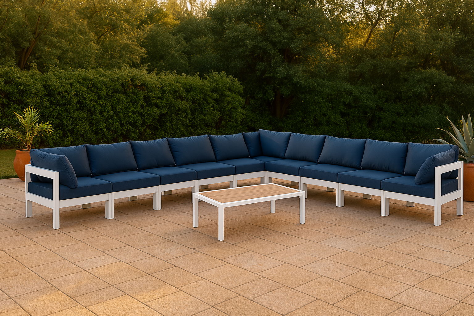 Nizuc - Outdoor Patio 10 Piece Modular Corner Sectional With White Frame - Navy