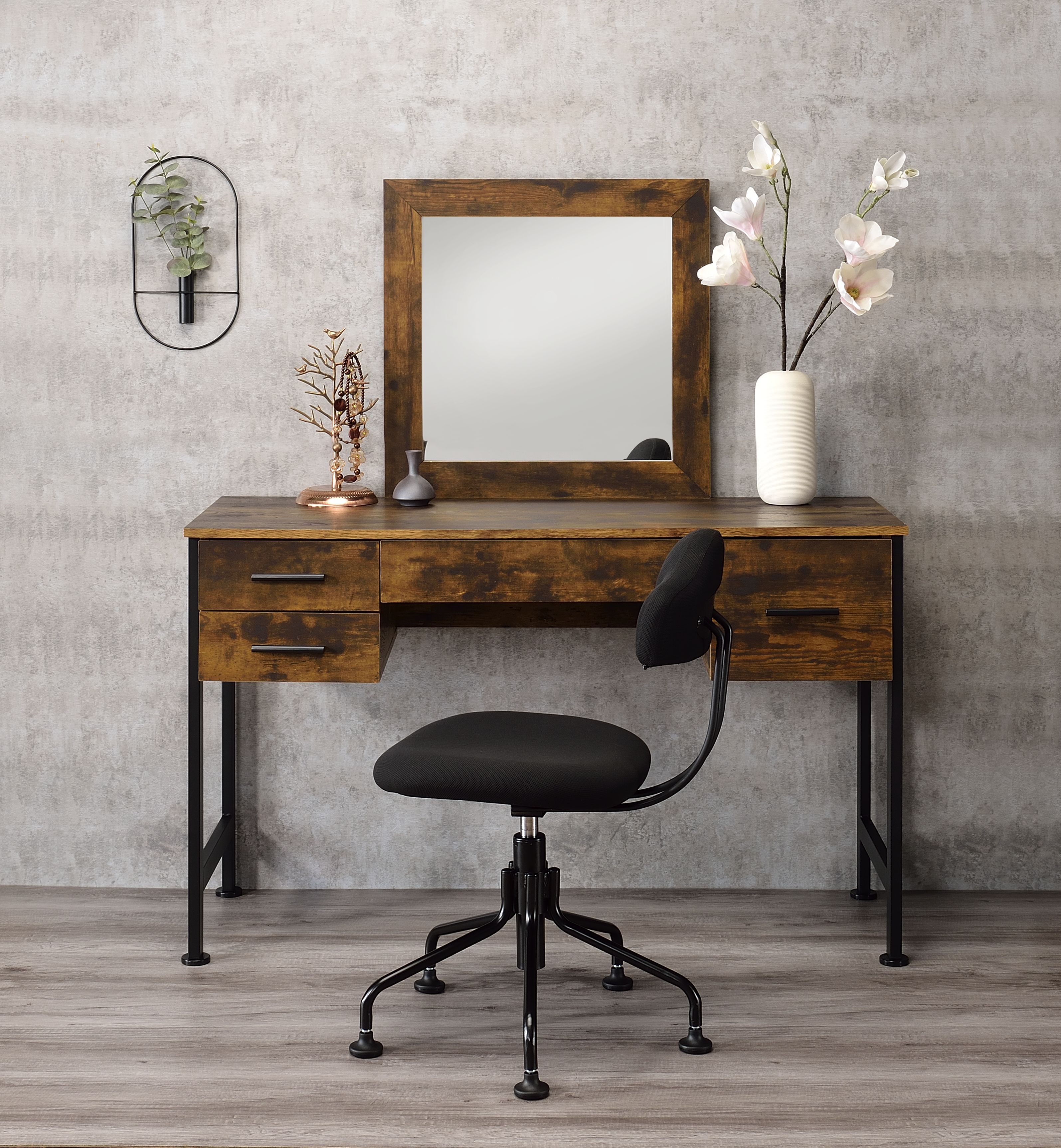 Juvanth - Vanity Desk & Mirror - Rustic Oak & Black, dark brown