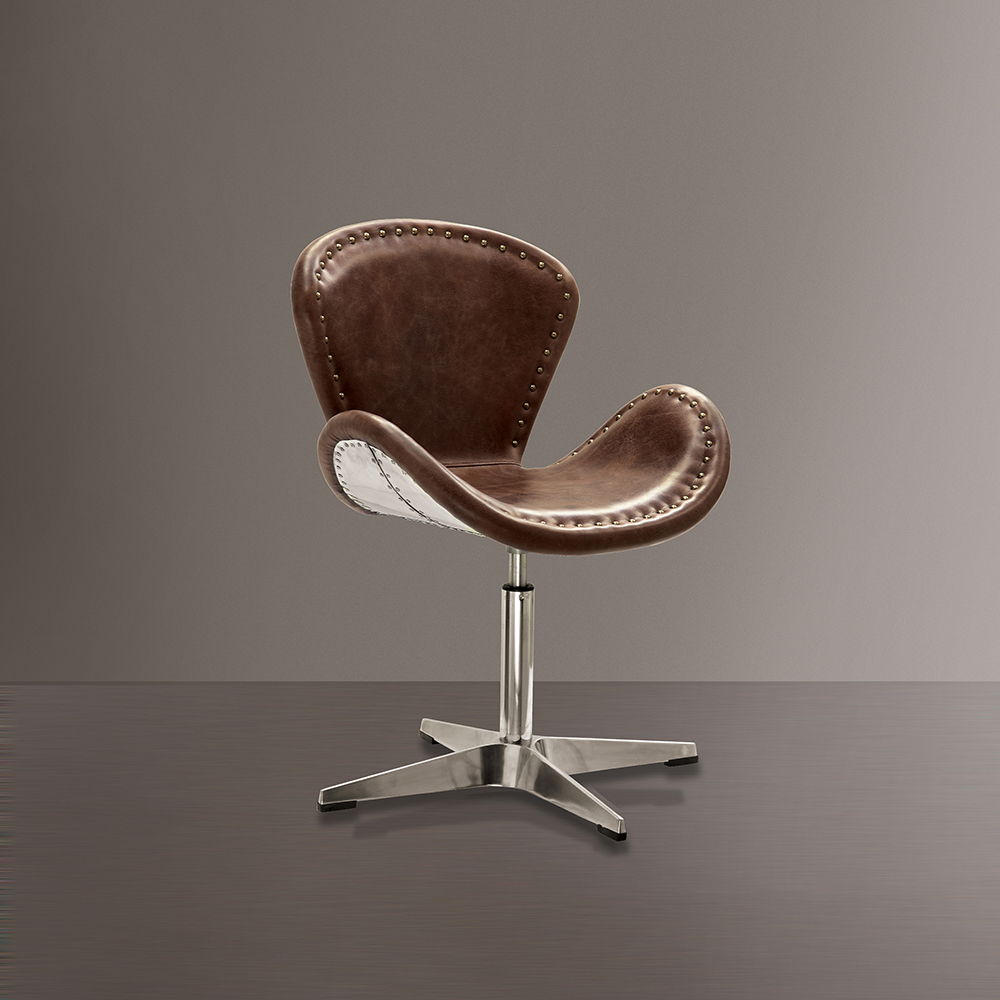 Brancaster - 33" Accent Chair With Swivel - Retro Brown Top Grain Leather & Aluminum, light brown, view 4