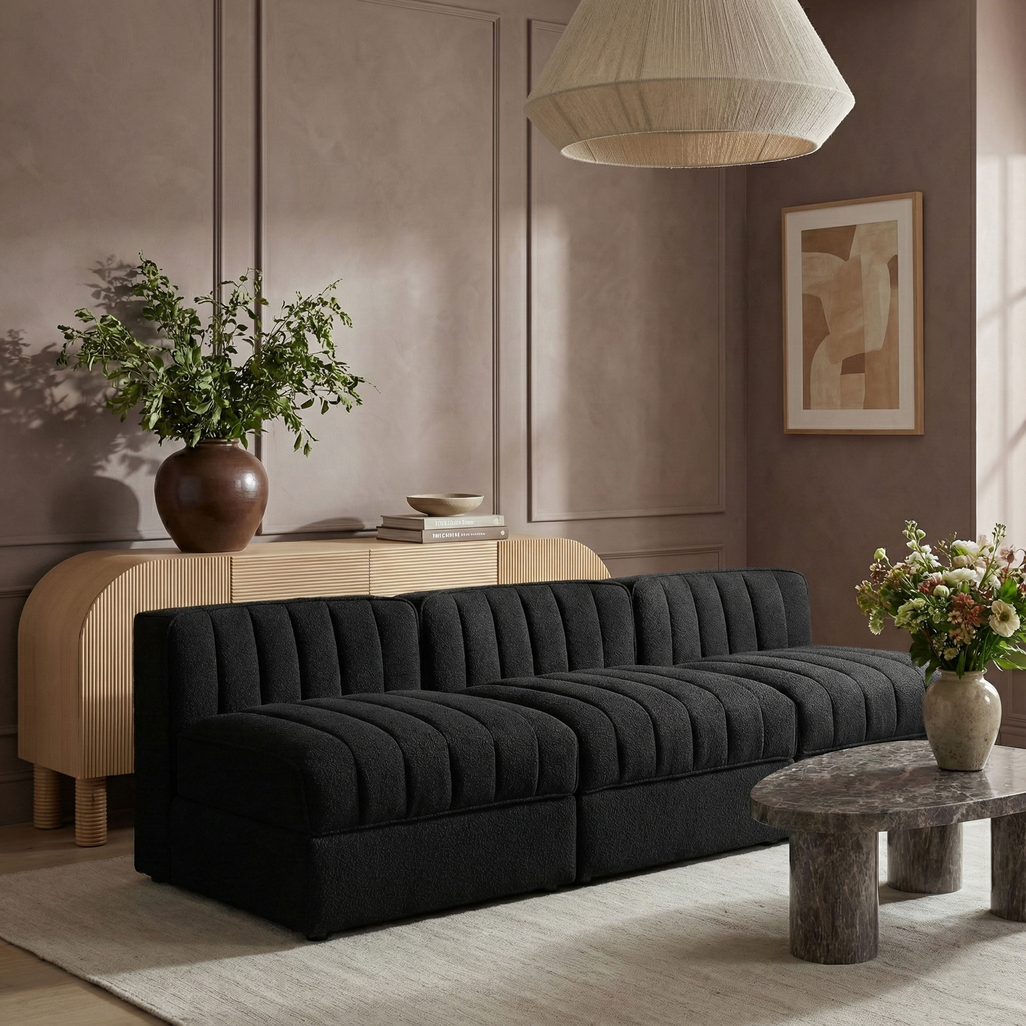 Rummi - Velvet Performance Fabric Upholstered 3 Piece Modular Armless Sofa - Black