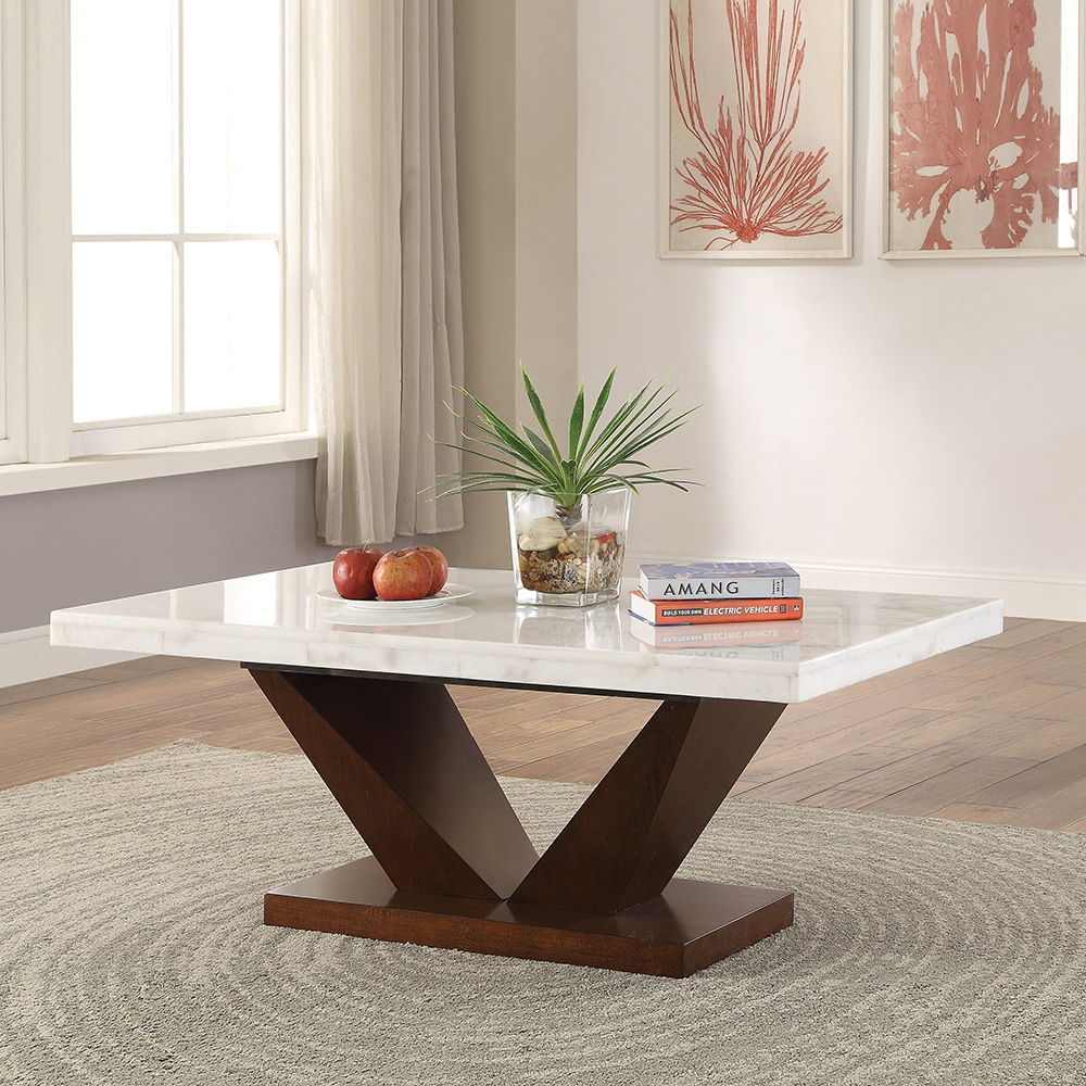 Forbes - Coffee Table - White Natural Marble Top & Walnut, white