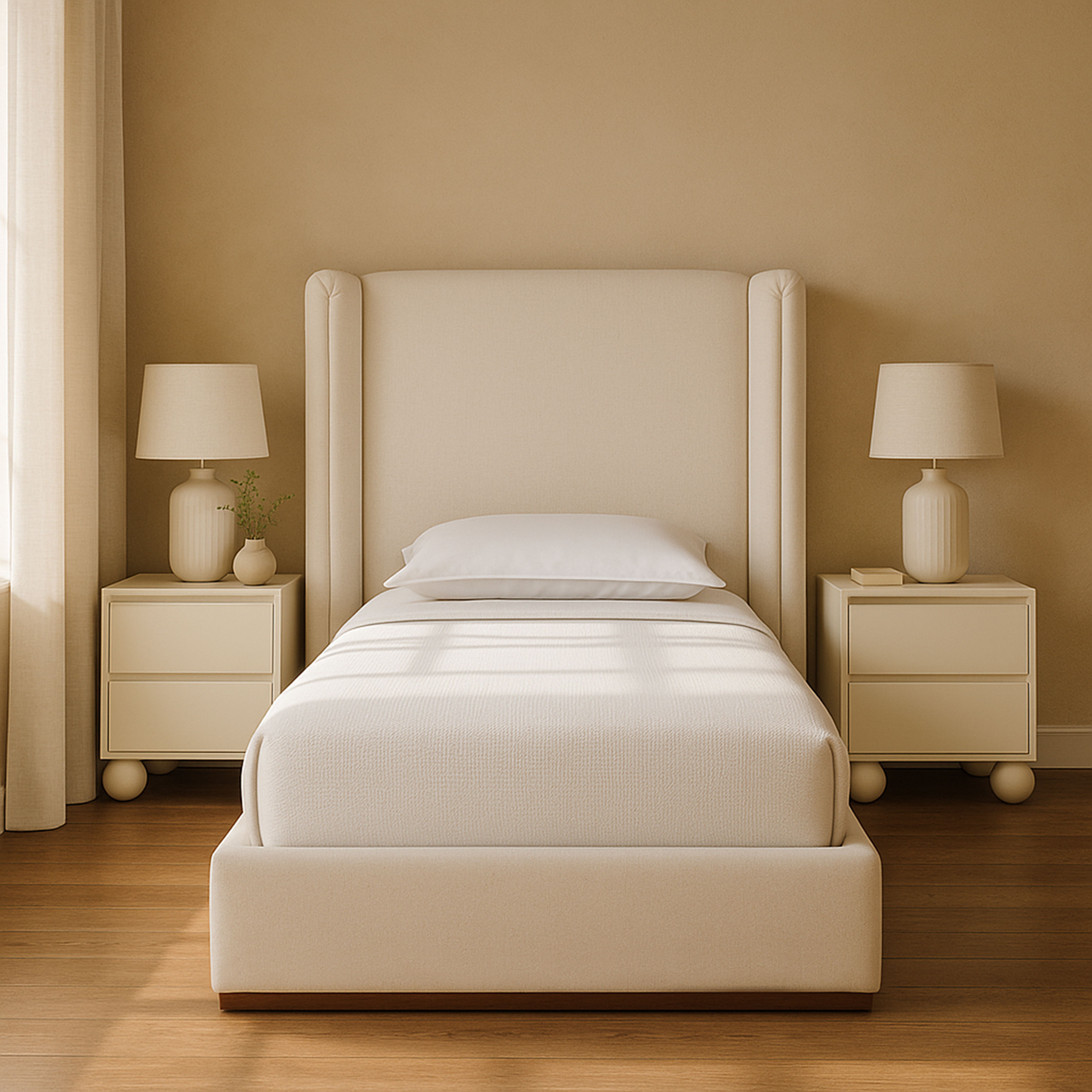 Solange - Linen Textured Fabric Upholstered Twin Bed - Cream