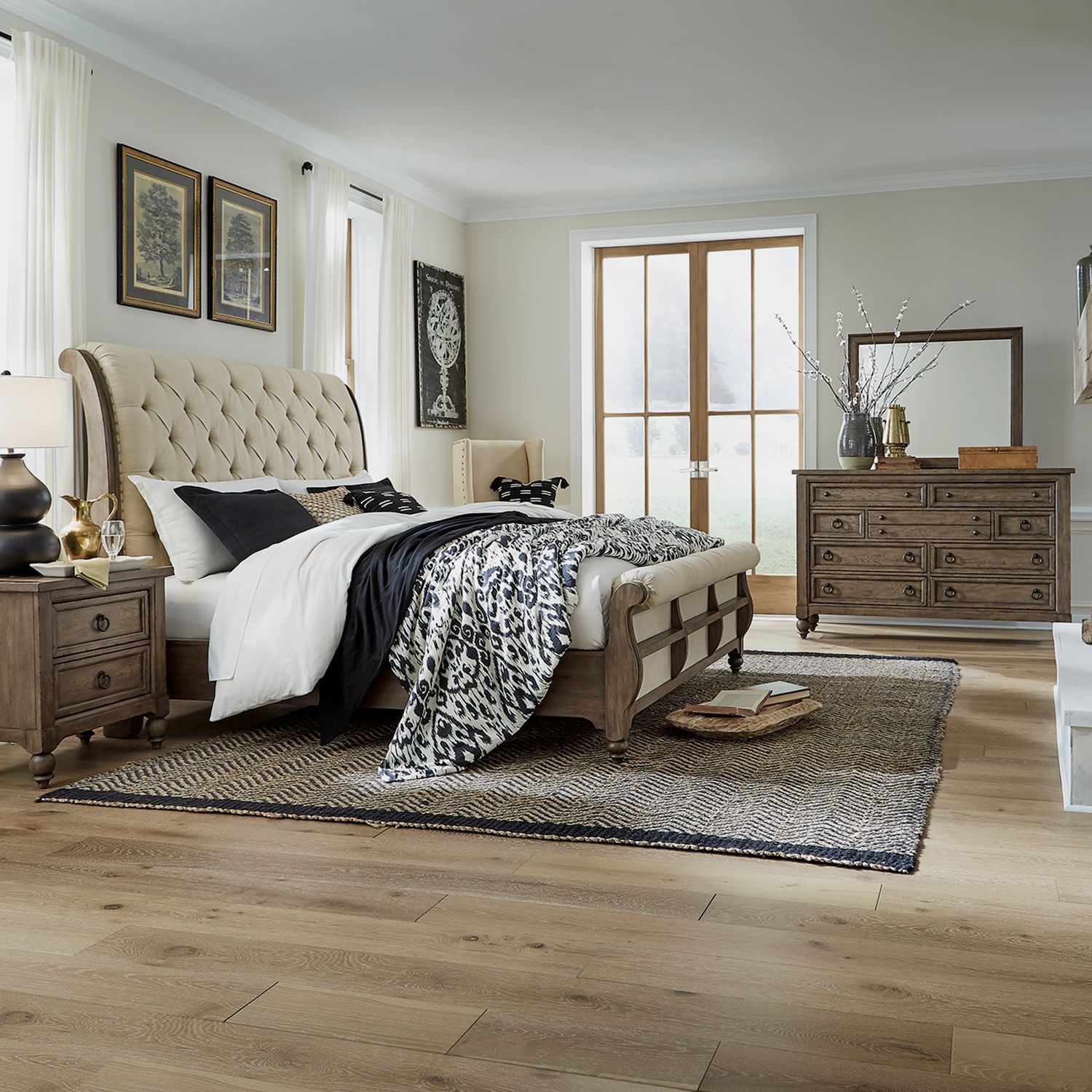 Liberty Furniture Americana Farmhouse - 4 Piece Bedroom Set (California King Sleigh Bed, Dresser & Mirror, Night Stand) - Brown