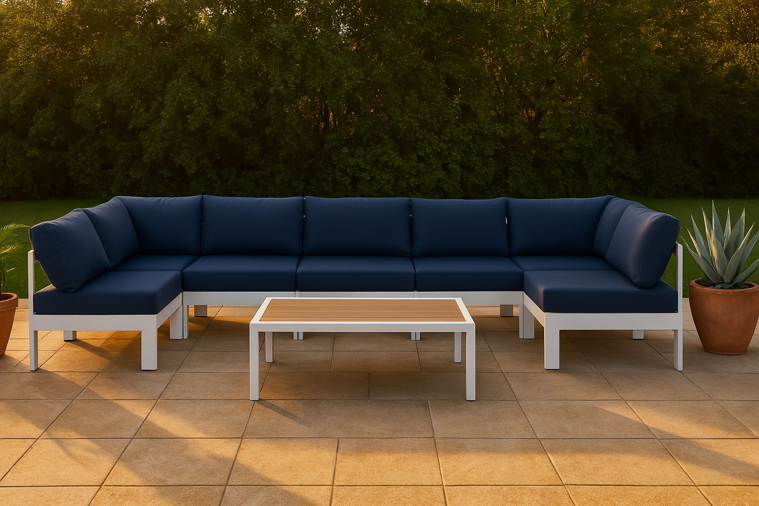 Nizuc - Outdoor Patio 7 Piece Modular Sectional With White Frame - Navy