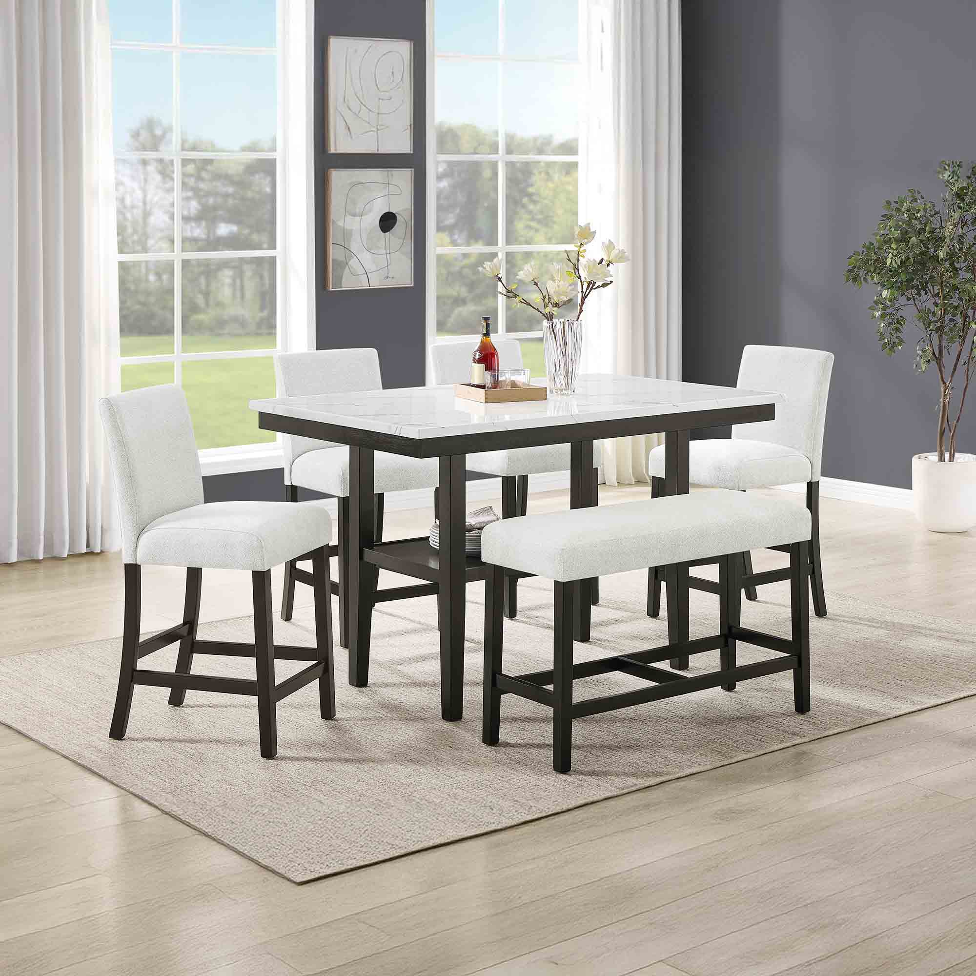 Carissa - Rectangle Counter Table With 4 Chairs & 1 Bench - White
