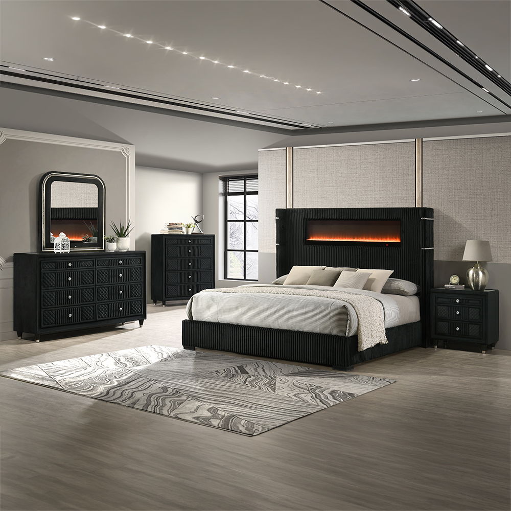 Garner - Queen Bed With Fireplace, LED, Reading Light, Speaker, Bluetooth & USB - Black & Gray, black, view 2