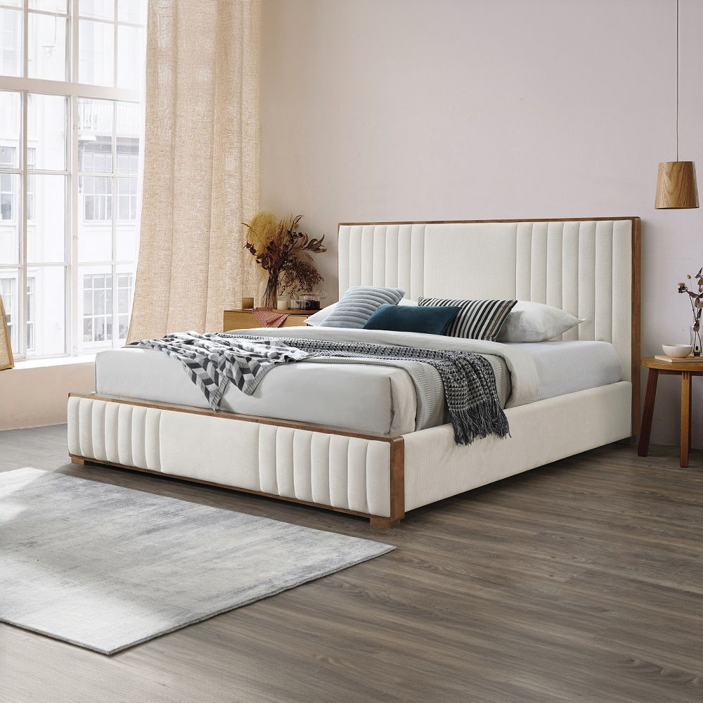 Kaleea - Eastern King Bed - Beige Chenille & Walnut, white, view 6